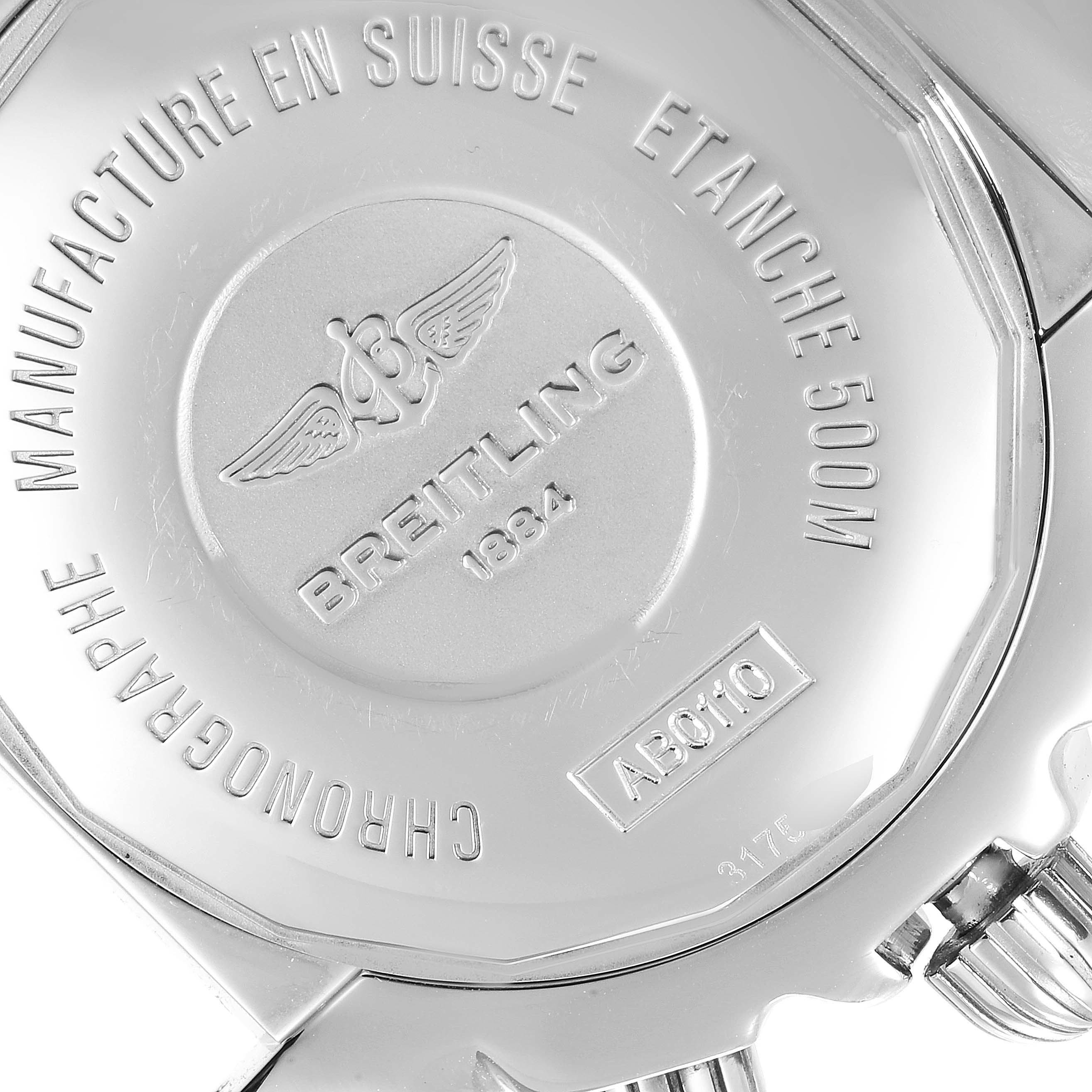 The image shows the back case of a Breitling Chronomat AB0110 Men
s Stainless Steel Black Dial AB0110 Men
s Stainless Steel Black Dial watch, highlighting engravings and model information.