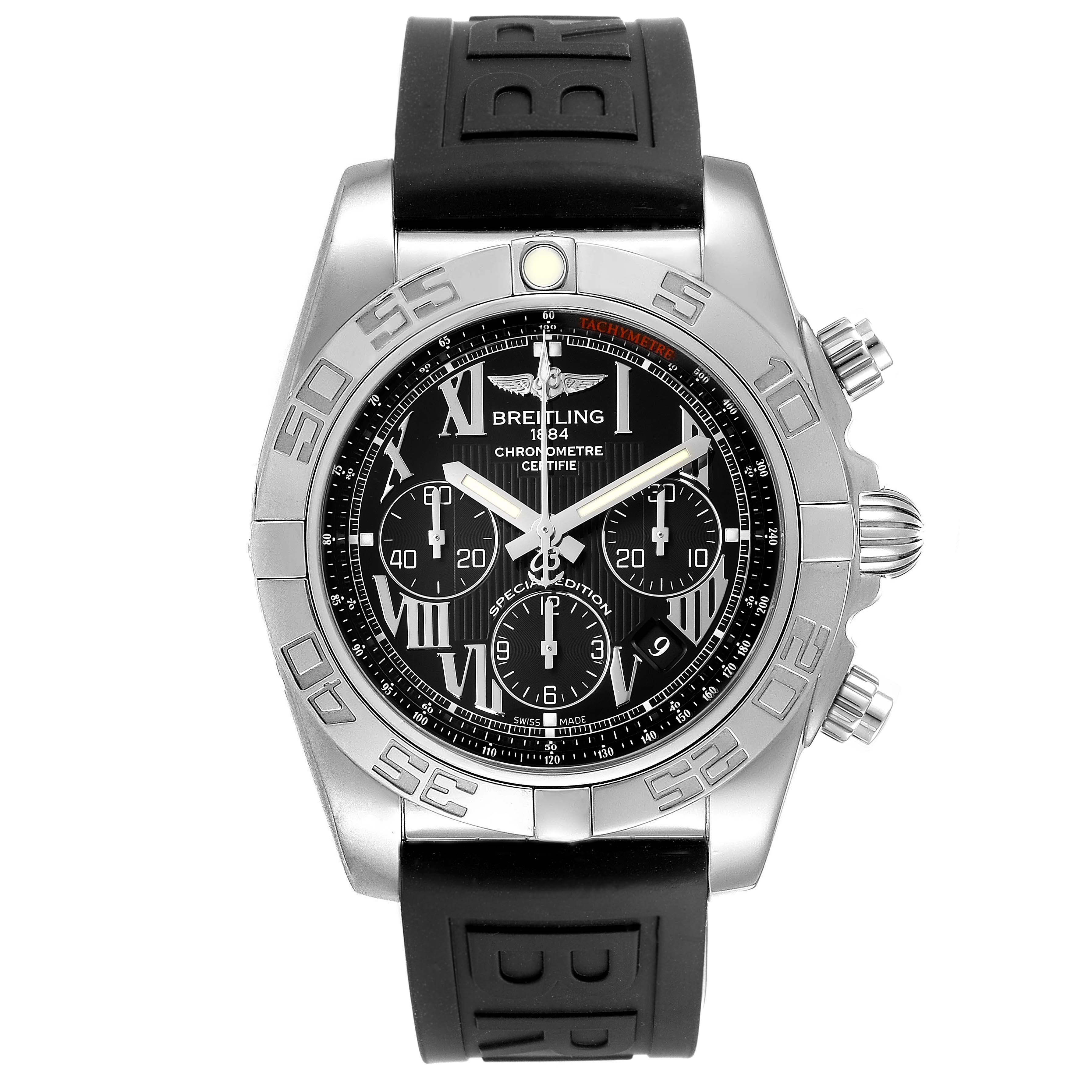 The image shows a front view of the Breitling Chronomat AB0110 Men
s Stainless Steel Black Dial AB0110 Men
s Stainless Steel Black Dial watch displaying its bezel, dial, subdials, and rubber strap.