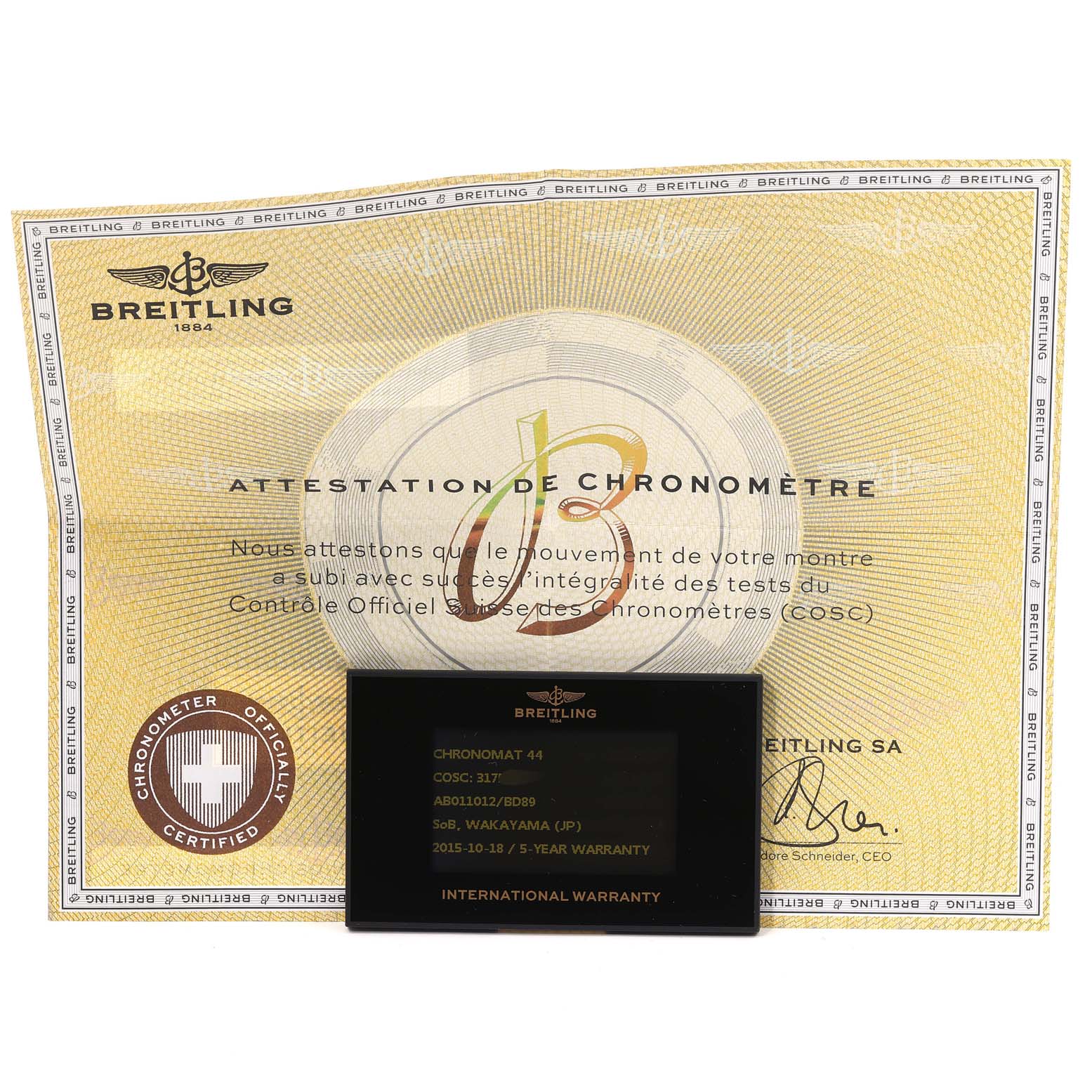 The image shows the documentation and warranty card for a Breitling Chronomat AB0110 Men
s Stainless Steel Black Dial AB0110 Men
s Stainless Steel Black Dial model watch.