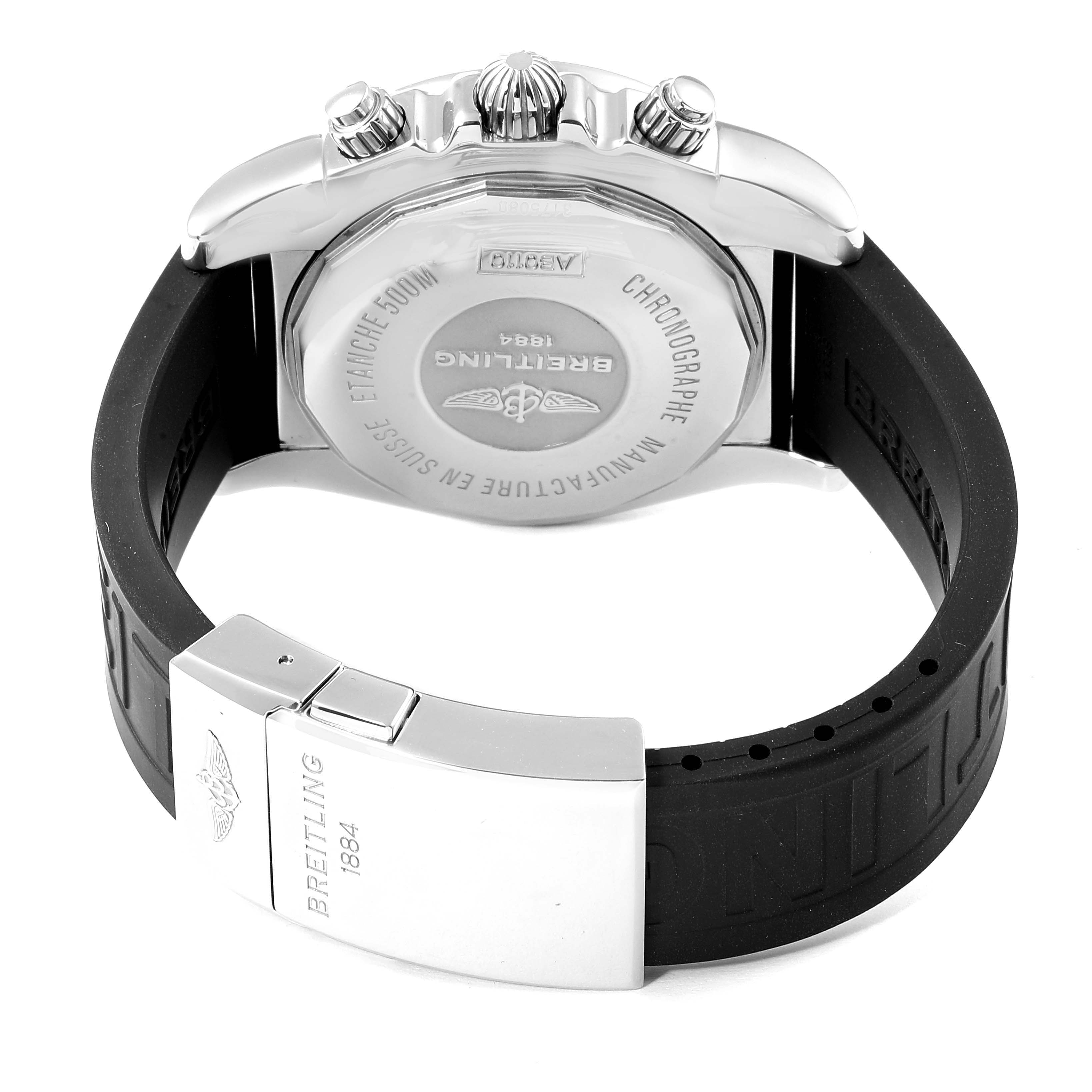 The image shows the back case, crown, pushers, and part of the strap with the clasp of a Breitling Chronomat AB0110 Men
s Stainless Steel Black Dial AB0110 Men
s Stainless Steel Black Dial watch.