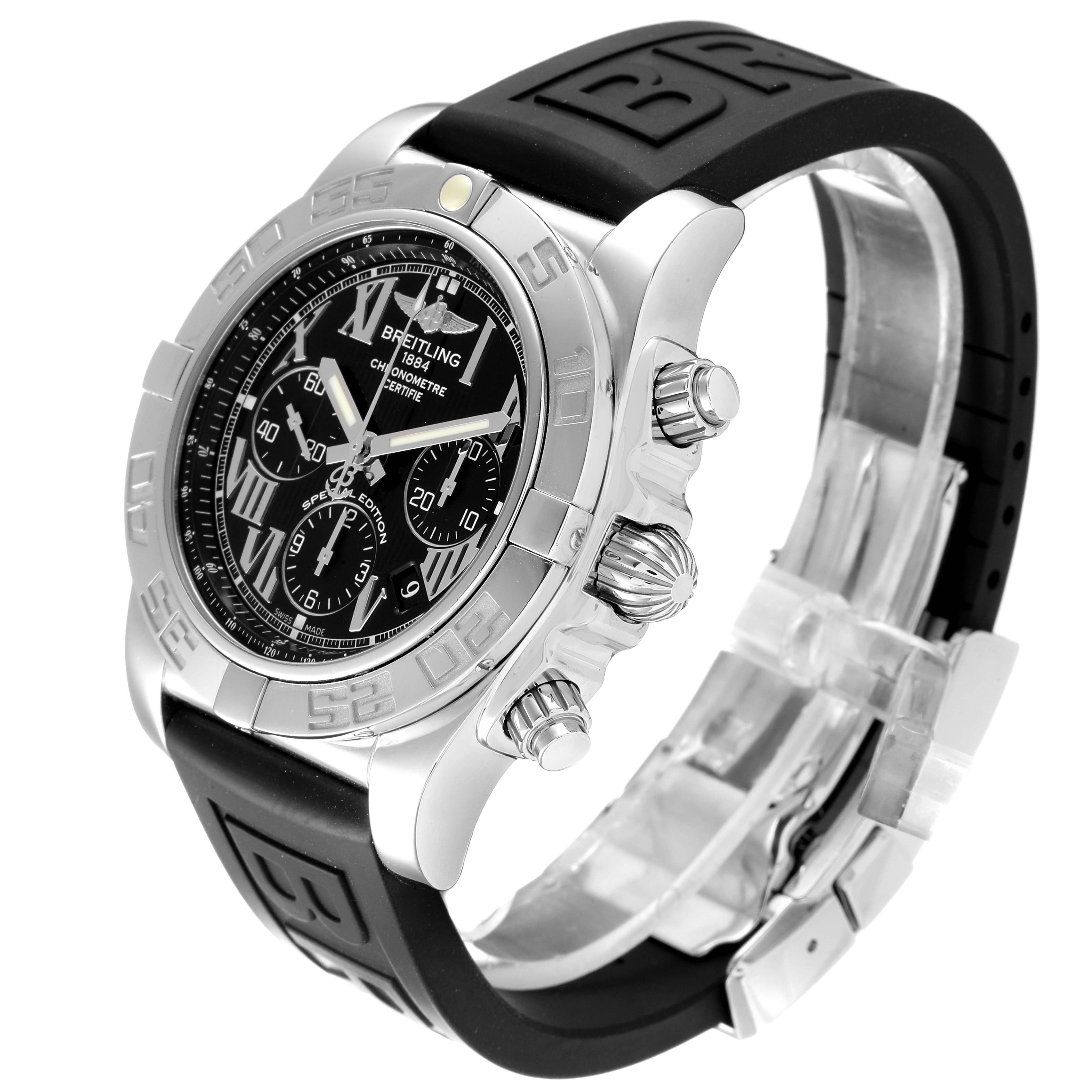 The image shows a side angle of a Breitling Chronomat AB0110 Men
s Stainless Steel Black Dial AB0110 Men
s Stainless Steel Black Dial watch, highlighting its dial, bezel, chronograph buttons, and rubber strap.