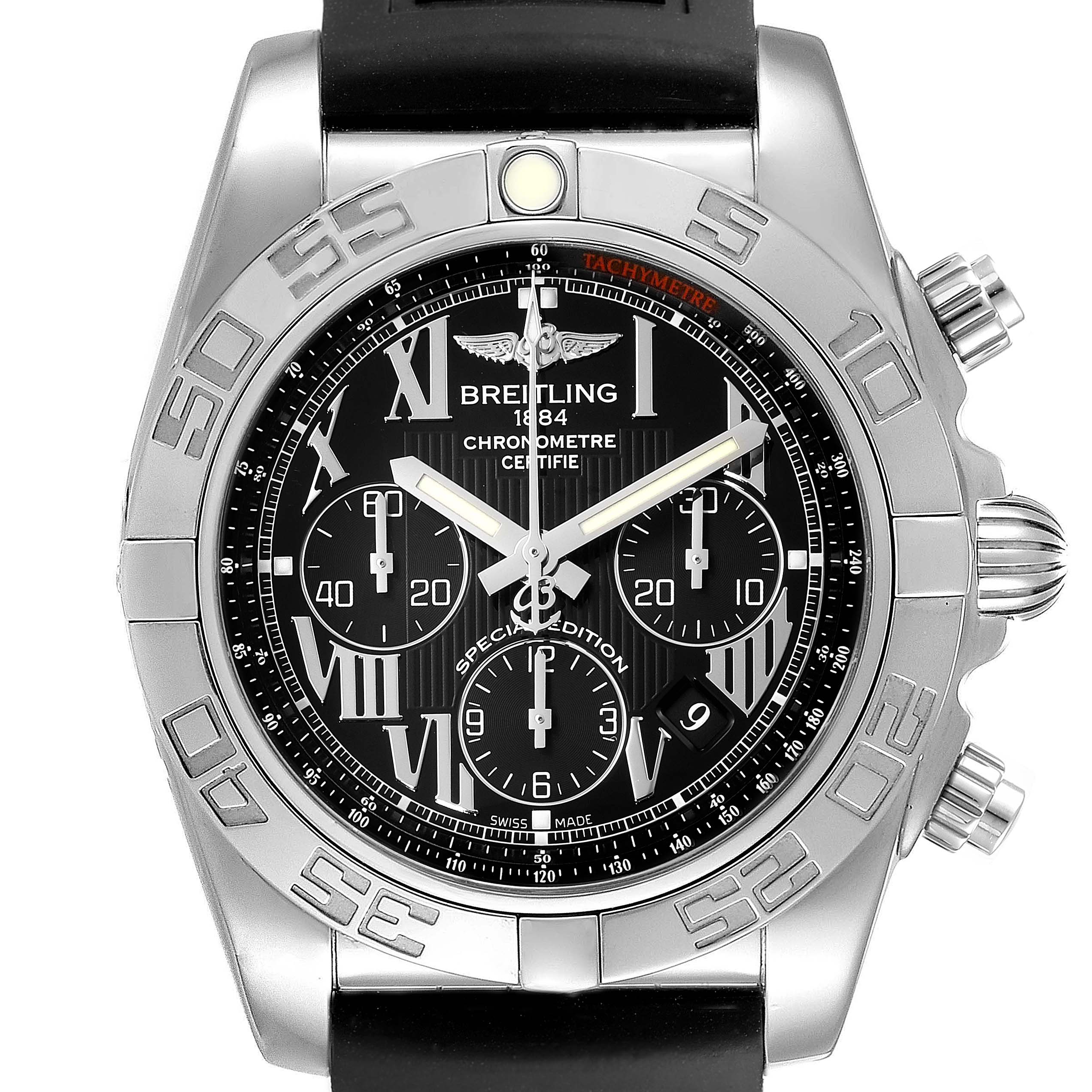 The image shows a front view of the Breitling Chronomat AB0110 Men
s Stainless Steel Black Dial AB0110 Men
s Stainless Steel Black Dial watch featuring its dial, bezel, and pushers.