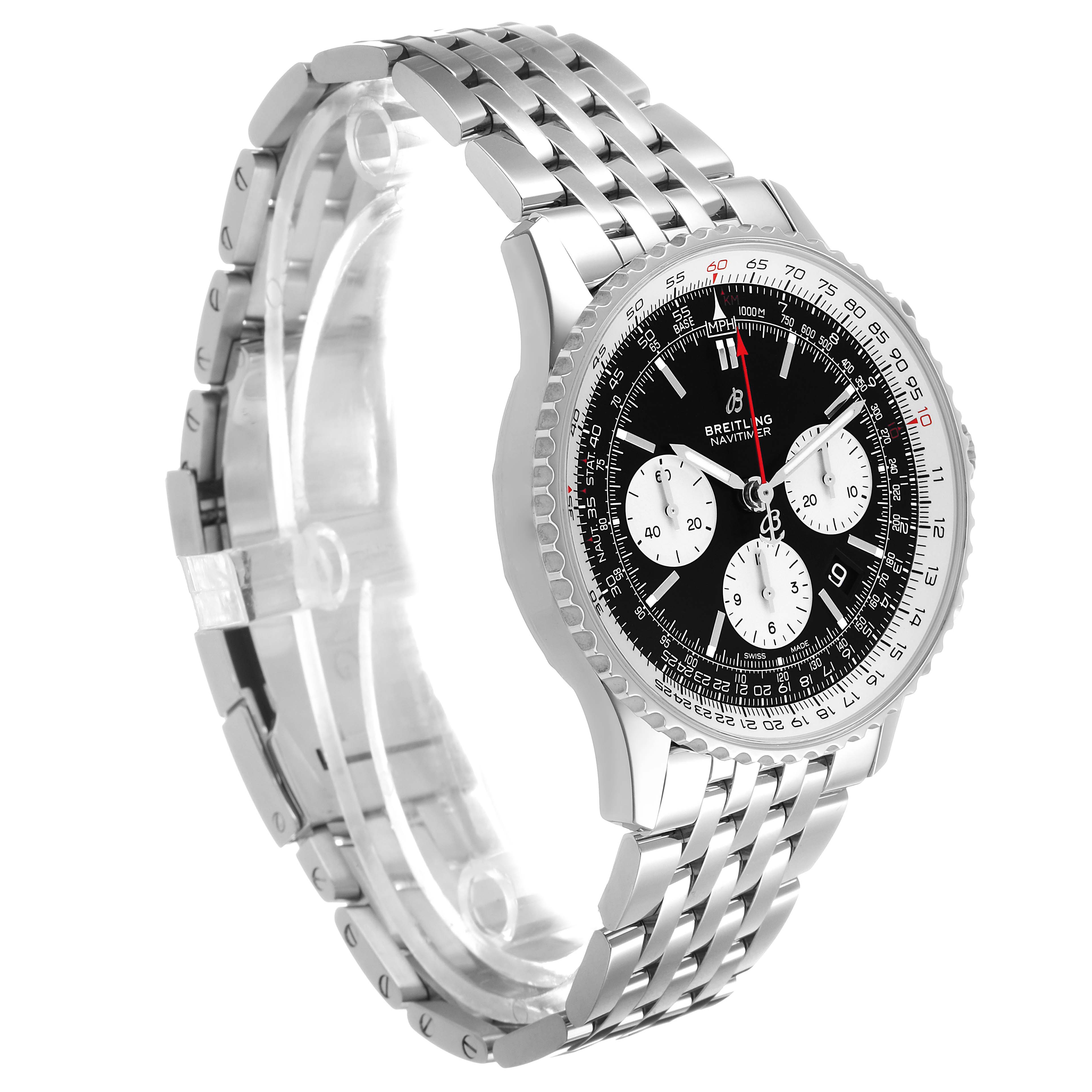 The Breitling Navitimer AB0121 Men's Stainless Steel Black Dial watch is shown at a three-quarter angle, displaying the face, bezel, and metal bracelet.