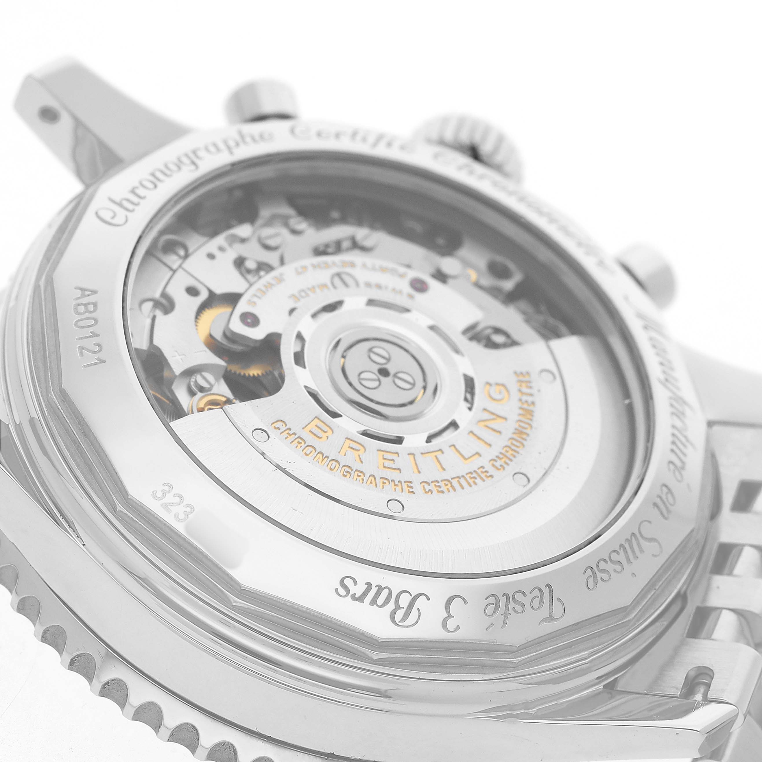 The image shows the exhibition case back of a Breitling Navitimer AB0121 Men's Stainless Steel Black Dial, revealing its intricate movement and rotor details.