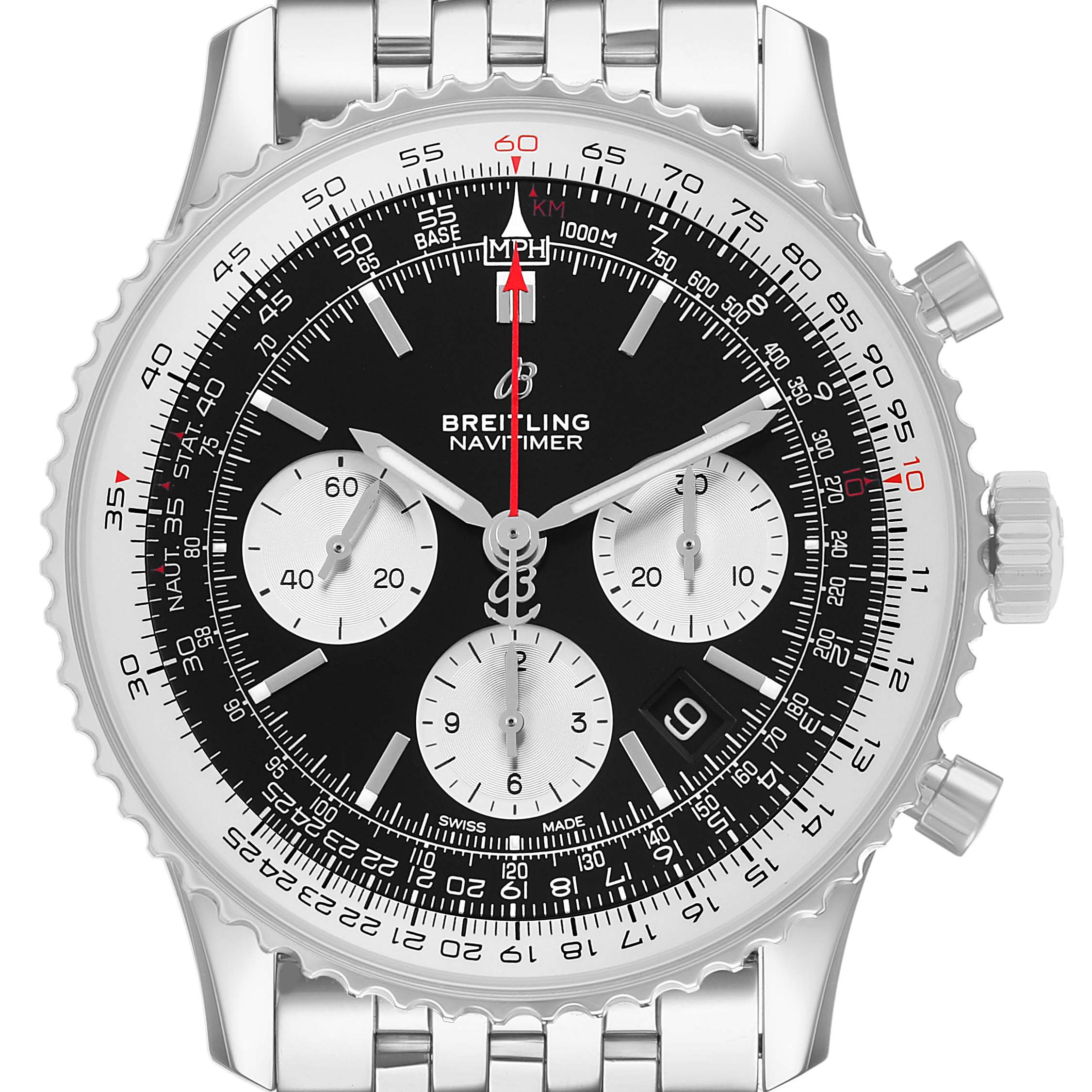 The Breitling Navitimer AB0121 Men's Stainless Steel Black Dial watch is shown from a front angle displaying its black dial, chronograph subdials, and slide rule bezel.