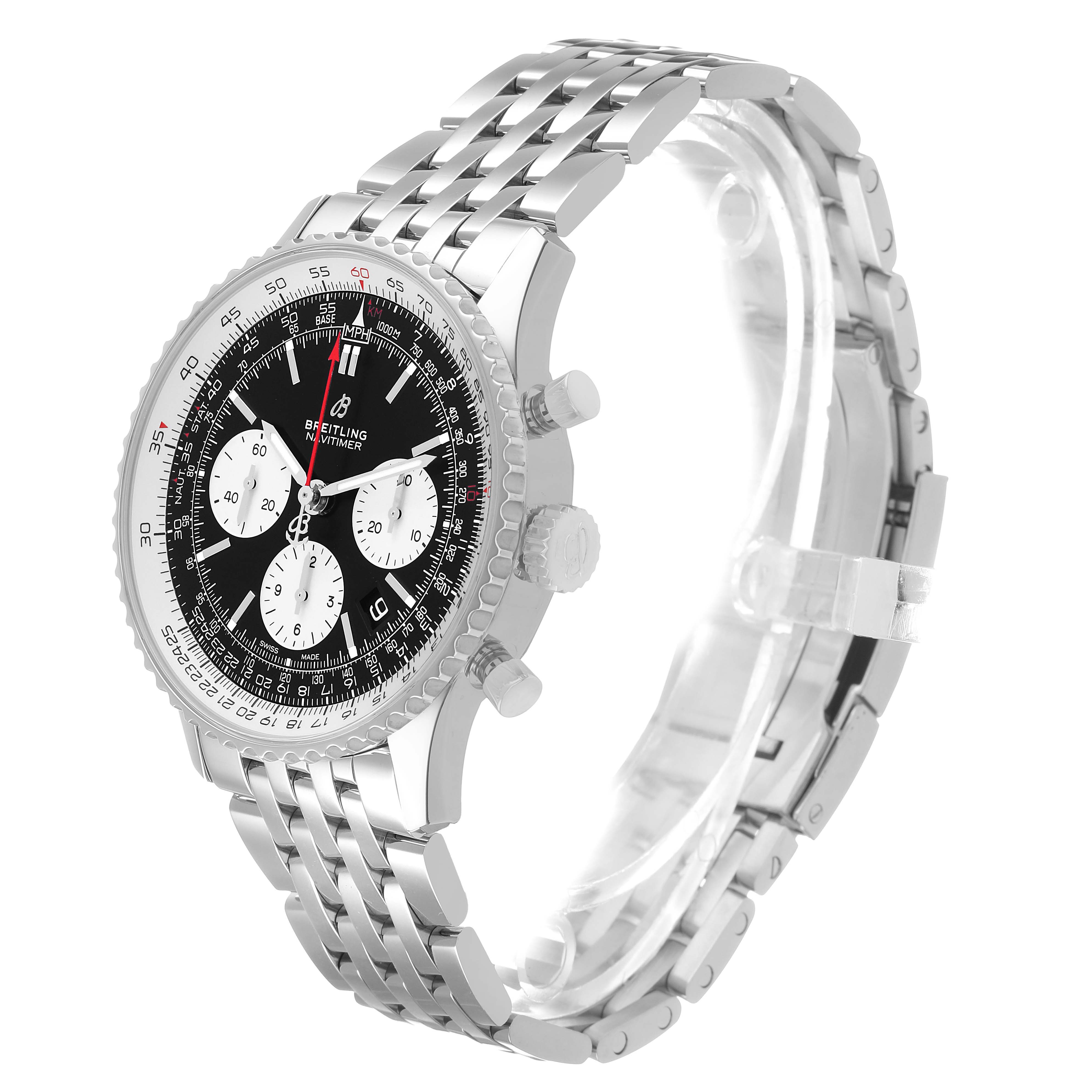The Breitling Navitimer AB0121 Men's Stainless Steel Black Dial watch is shown at a side angle, displaying the case, bezel, dial, and metal bracelet.