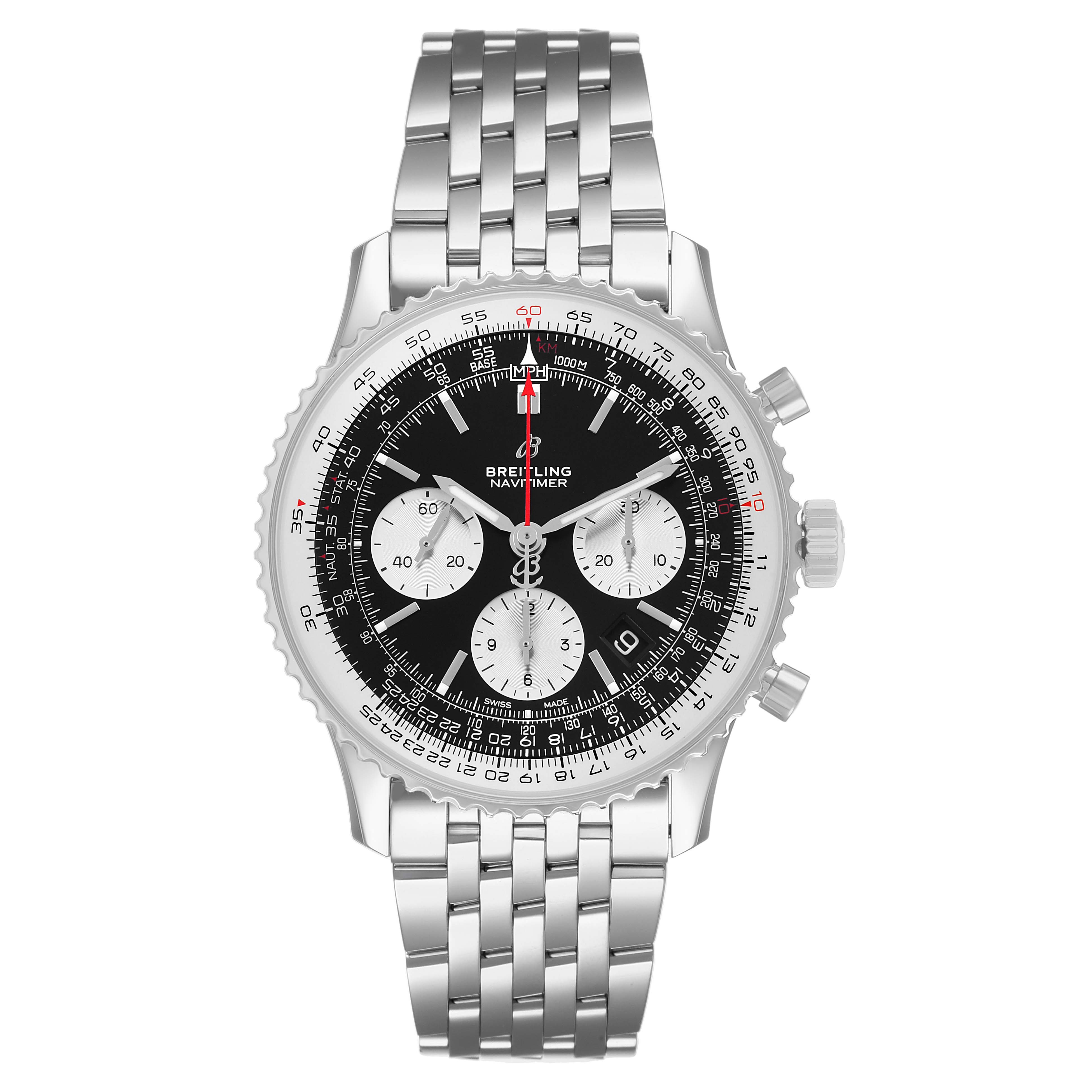 The Breitling Navitimer AB0121 Men's Stainless Steel Black Dial watch is shown from a front angle, highlighting the face, bezel, and stainless steel bracelet.