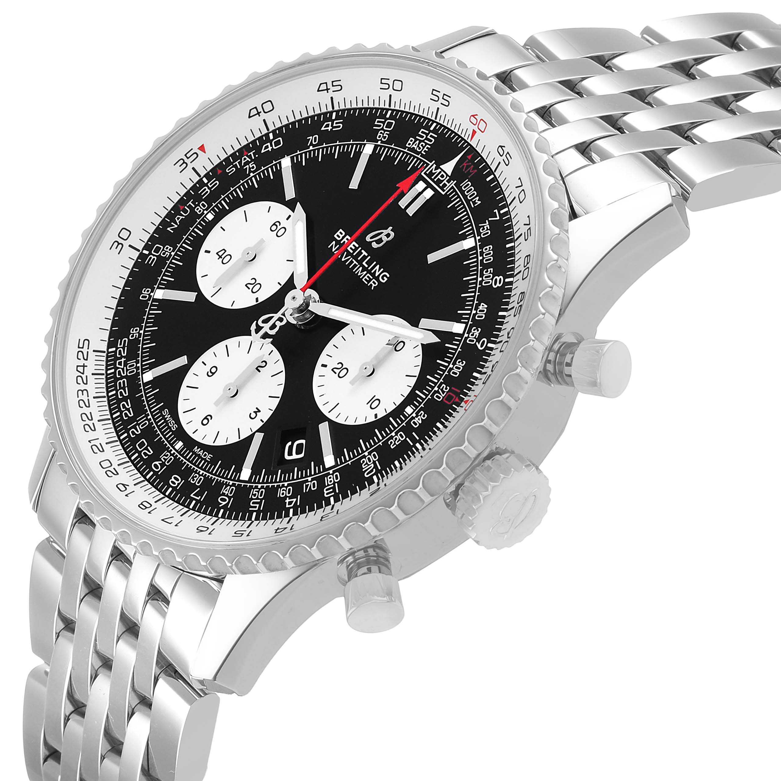The image shows a Breitling Navitimer AB0121 Men's Stainless Steel Black Dial watch at a three-quarter angle, displaying its bezel, chronograph dials, and metal bracelet.