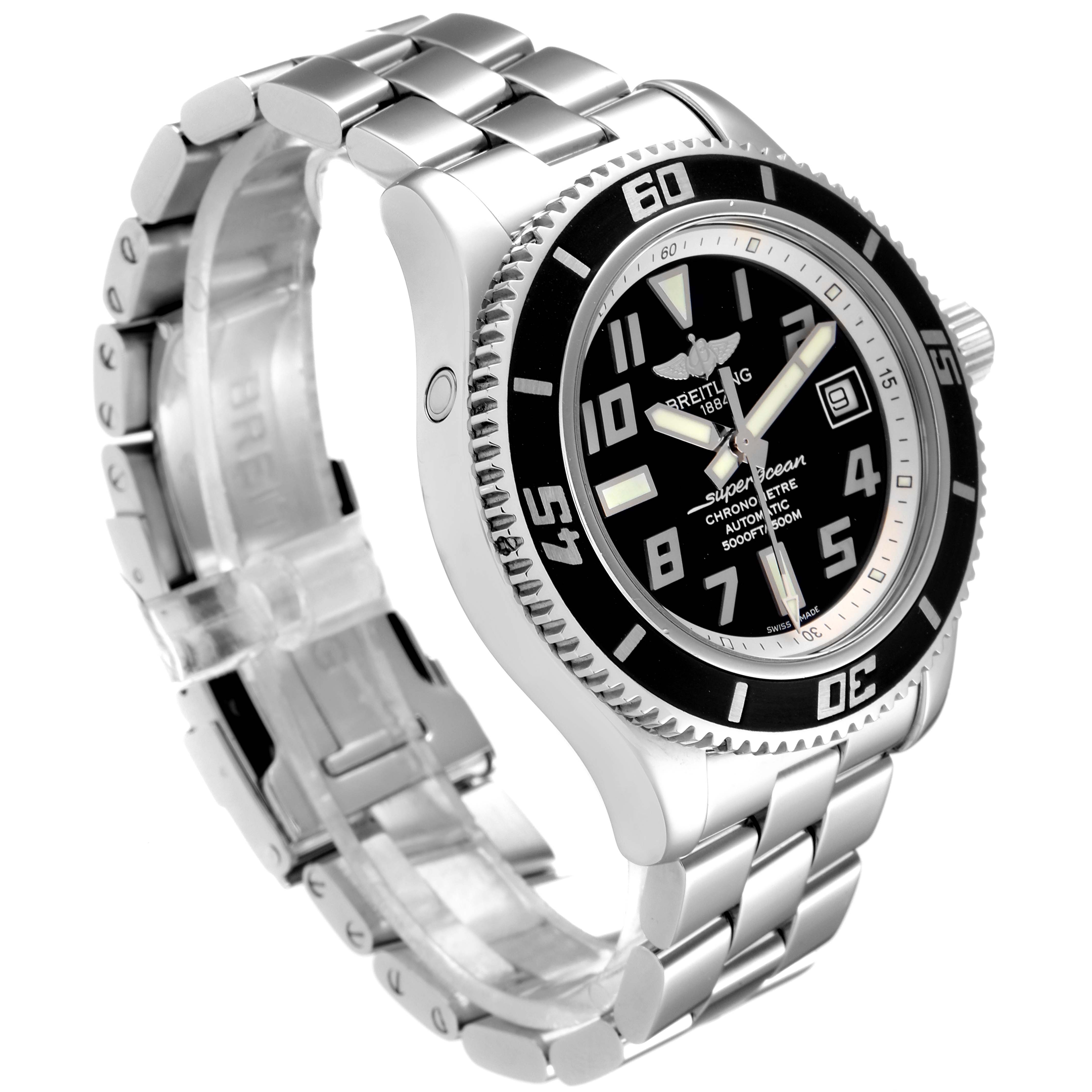 The Breitling Superocean A17364 Men
s Stainless Steel Black Dial A17364 Men
s Stainless Steel Black Dial watch is shown at an angle displaying the face, bezel, crown, and part of the metal bracelet.