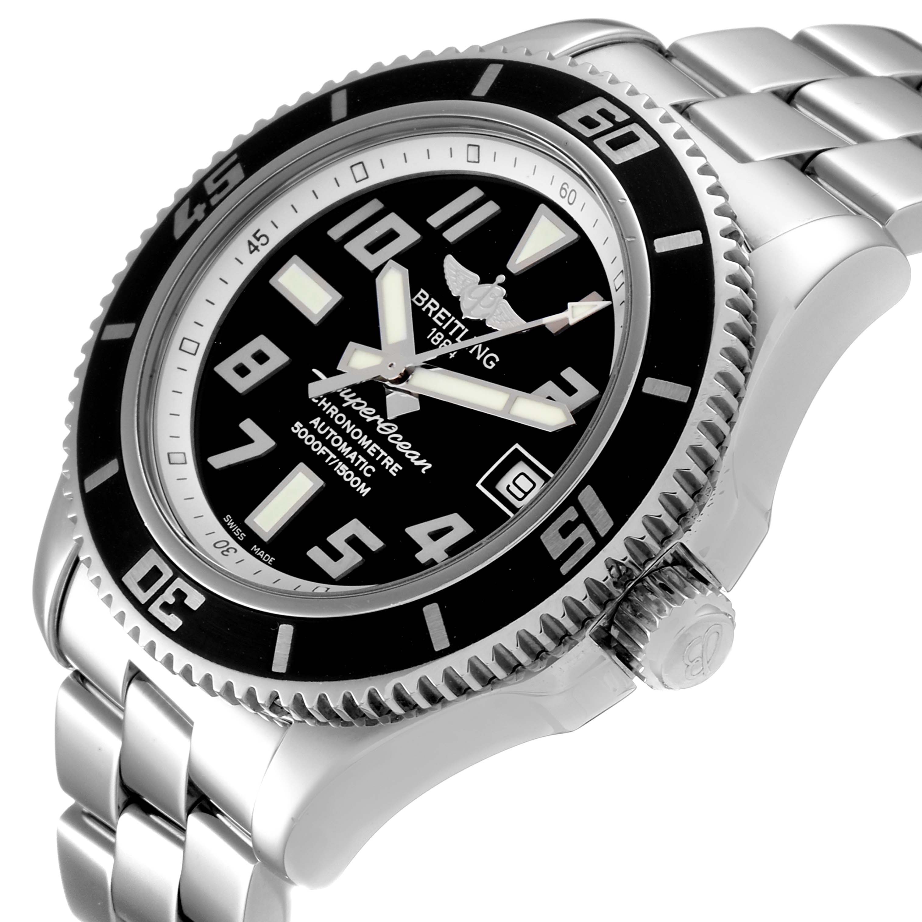 The image shows a side angle of the Breitling Superocean A17364 Men
s Stainless Steel Black Dial A17364 Men
s Stainless Steel Black Dial watch, highlighting the face, bezel, crown, and part of the bracelet.