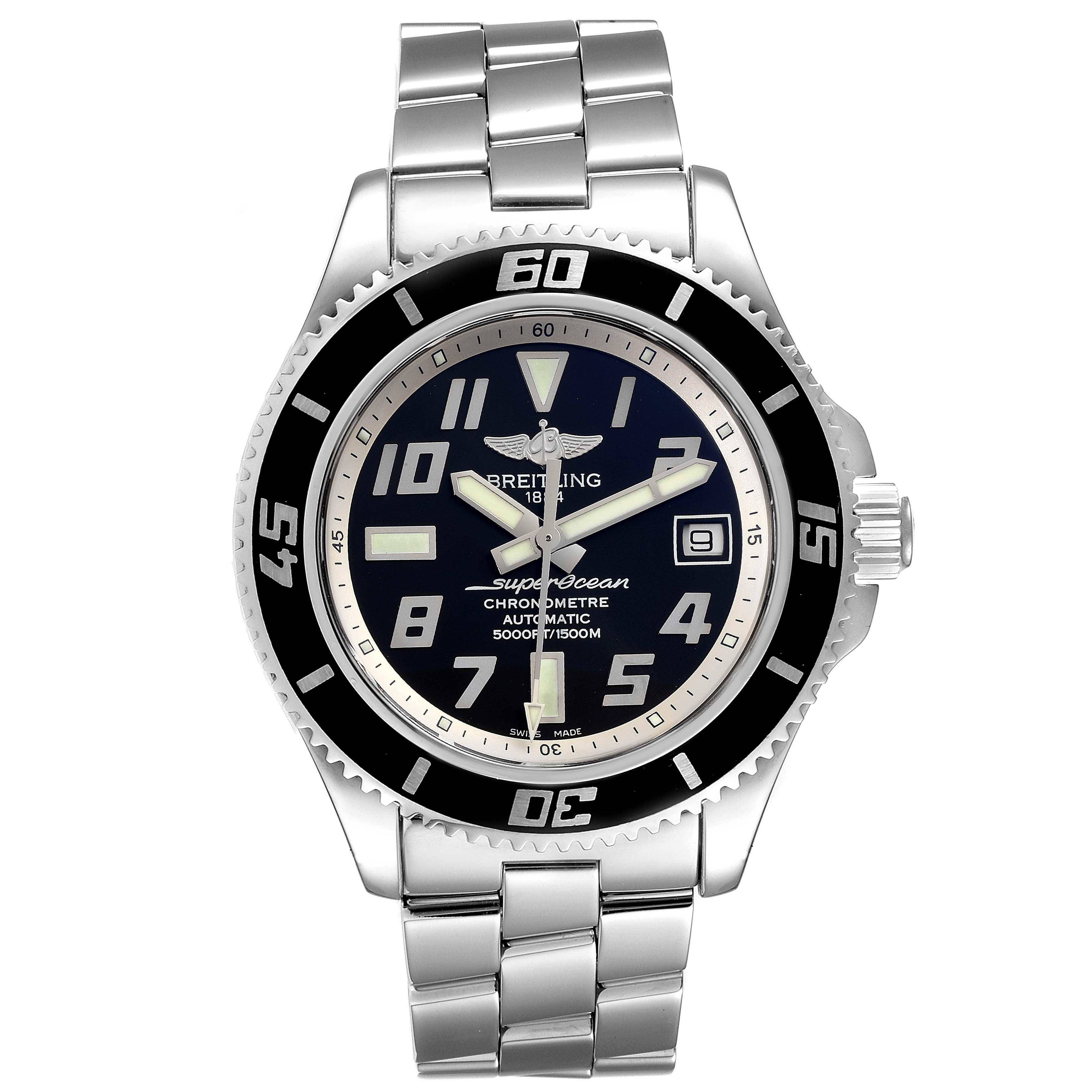 The image shows a front view of a Breitling Superocean A17364 Men
s Stainless Steel Black Dial A17364 Men
s Stainless Steel Black Dial watch, displaying its dial, bezel, and metal bracelet.