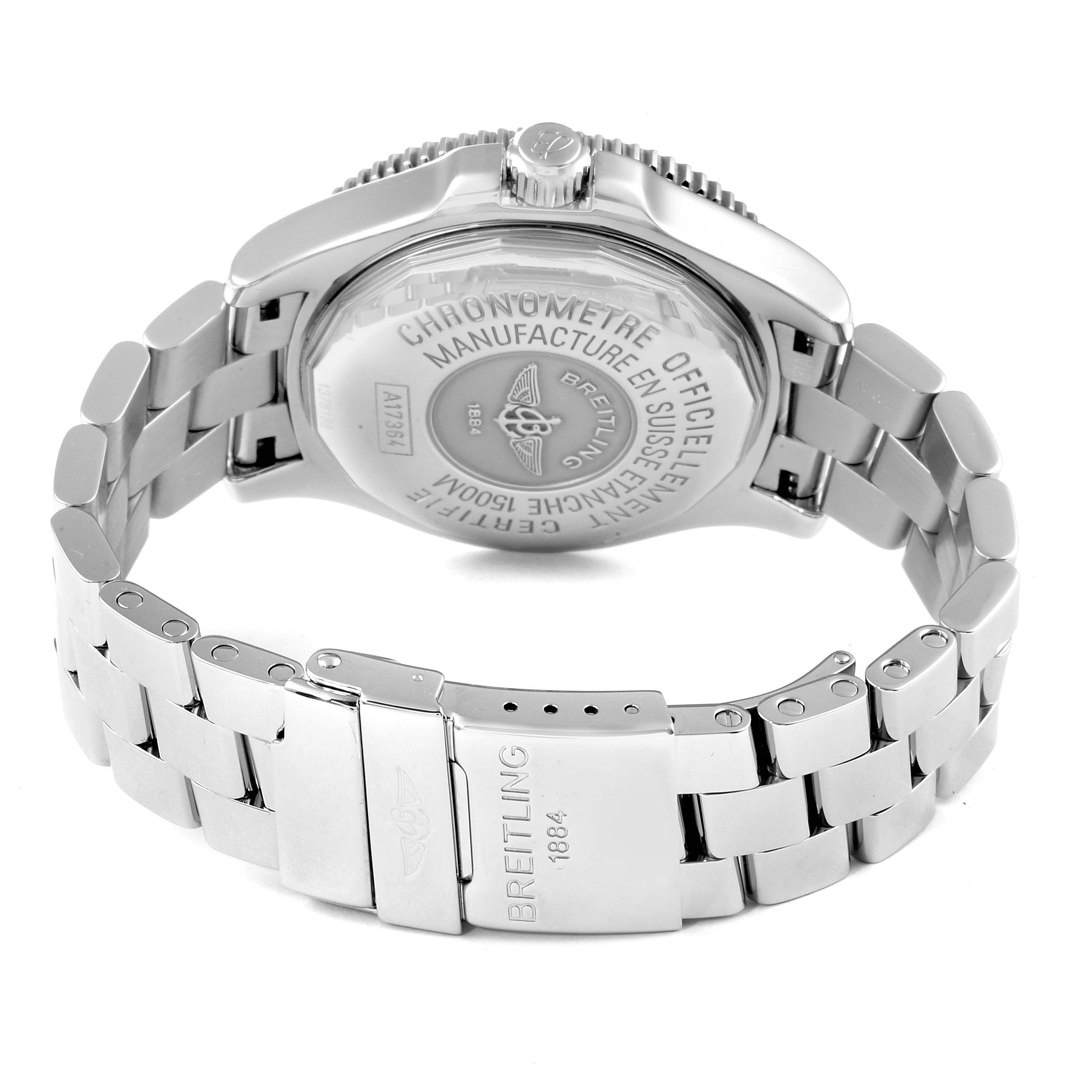 The image shows the back case and metal bracelet of the Breitling Superocean A17364 Men
s Stainless Steel Black Dial A17364 Men
s Stainless Steel Black Dial watch from a rear angle.