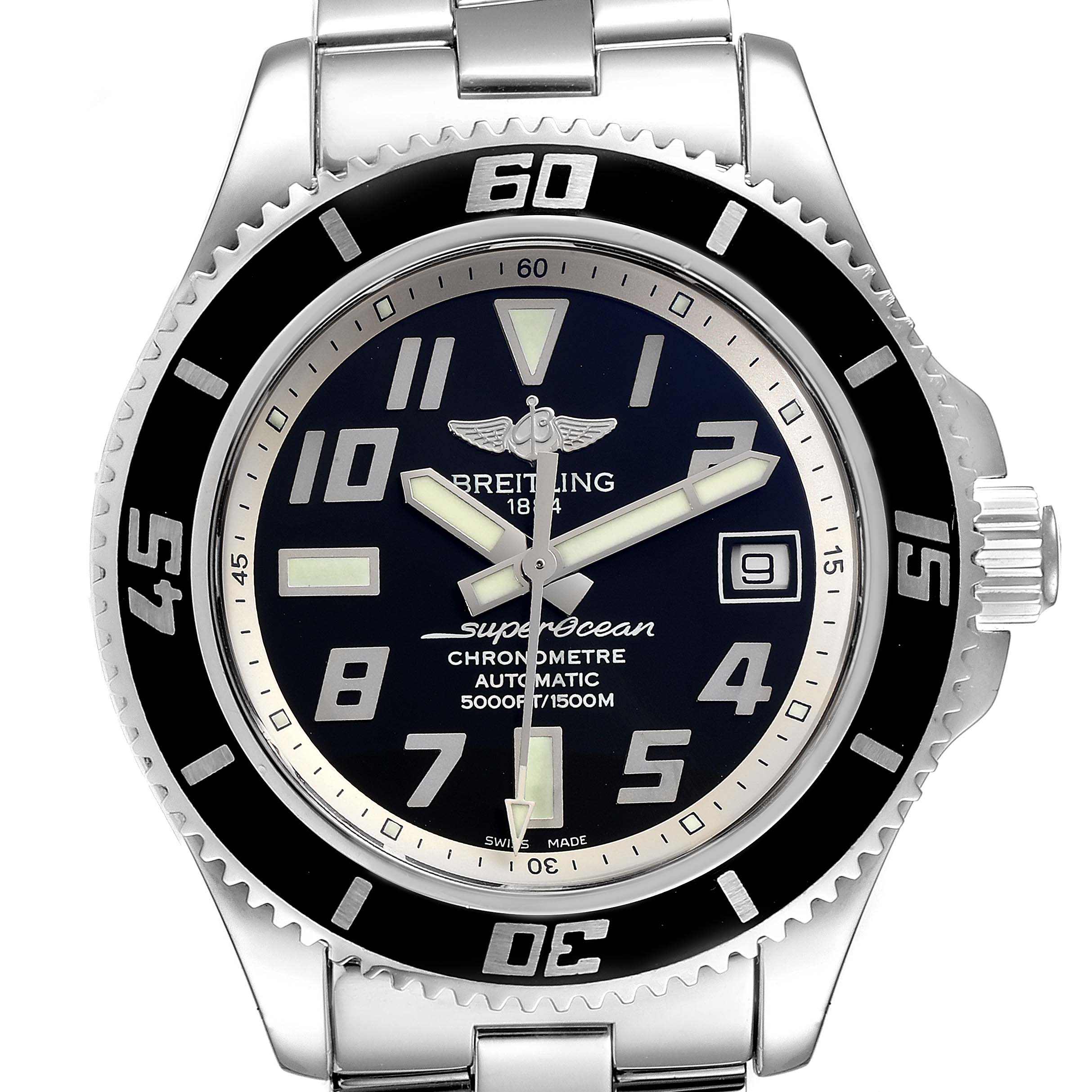 The image shows a front view of the Breitling Superocean A17364 Men
s Stainless Steel Black Dial A17364 Men
s Stainless Steel Black Dial watch, displaying its face, bezel, and part of the bracelet.