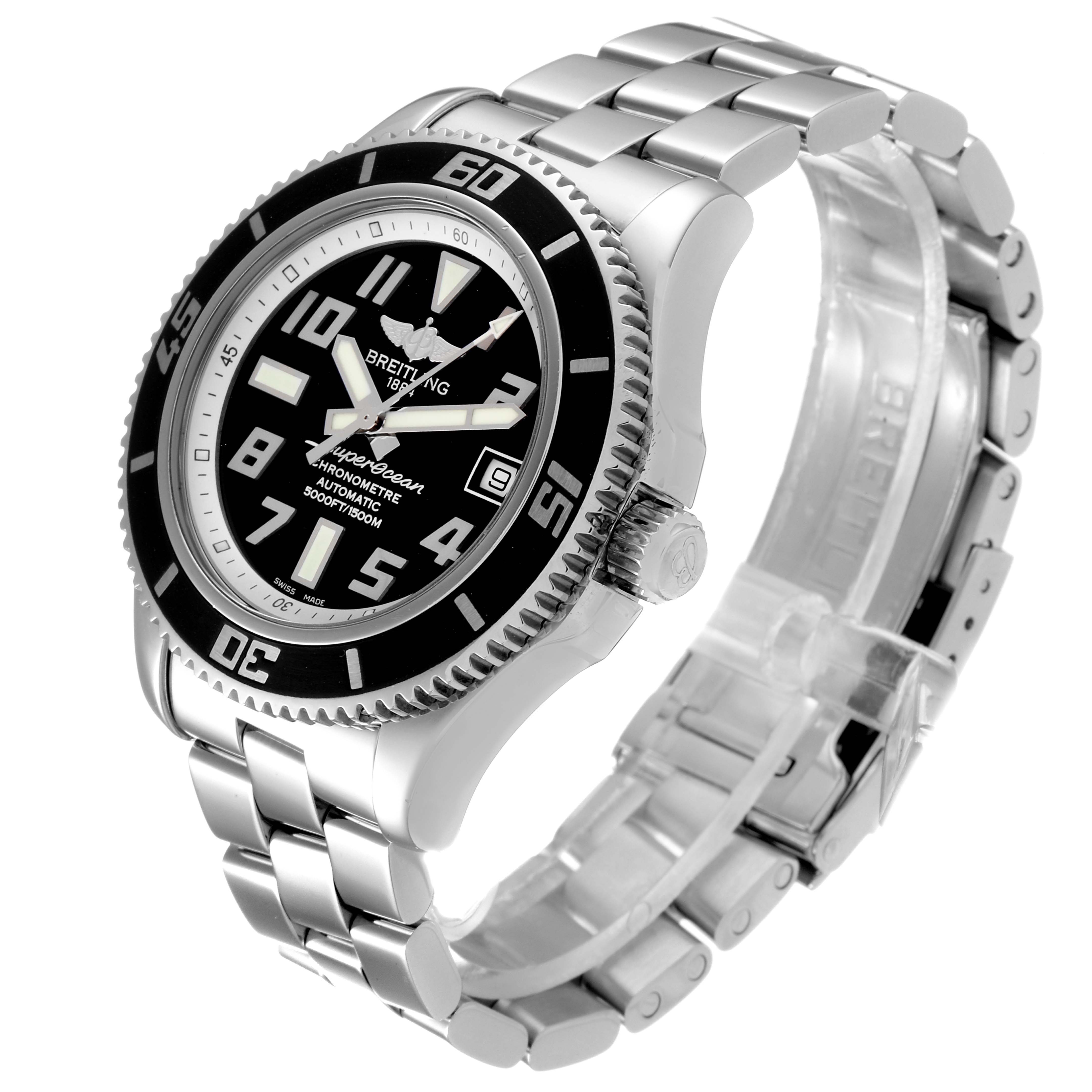 The image shows a Breitling Superocean A17364 Men
s Stainless Steel Black Dial A17364 Men
s Stainless Steel Black Dial watch at an angled perspective, revealing the face, bezel, crown, and stainless steel bracelet.