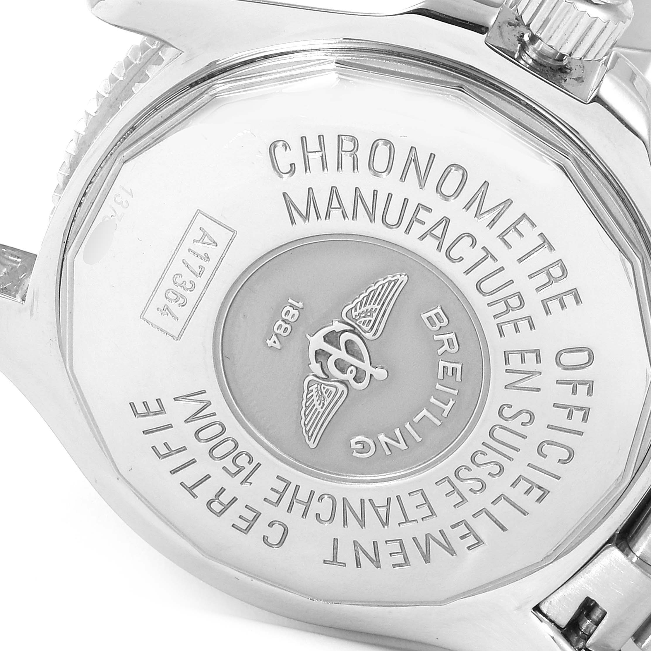 The image shows the back case of a Breitling Superocean A17364 Men
s Stainless Steel Black Dial A17364 Men
s Stainless Steel Black Dial watch at an angle highlighting the engraved details.