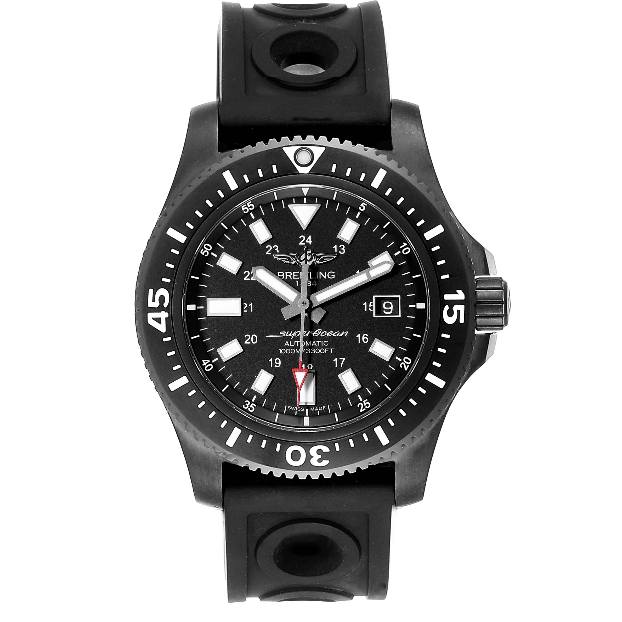 The image shows a front view of a Breitling Superocean M17393 Men's Stainless Steel Black Dial M17393 Men's Stainless Steel Black Dial watch, displaying its face, bezel, and rubber strap.
