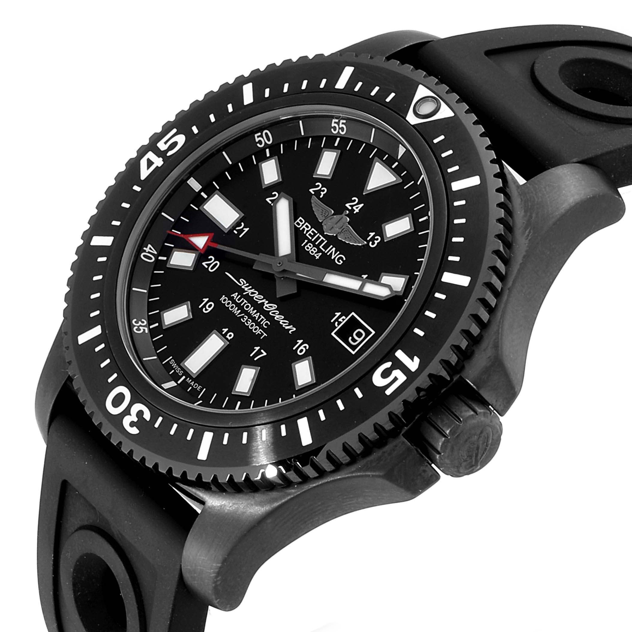 The image shows a close-up side angle of a Breitling Superocean M17393 Men's Stainless Steel Black Dial M17393 Men's Stainless Steel Black Dial watch, featuring the bezel, dial, and part of the strap.
