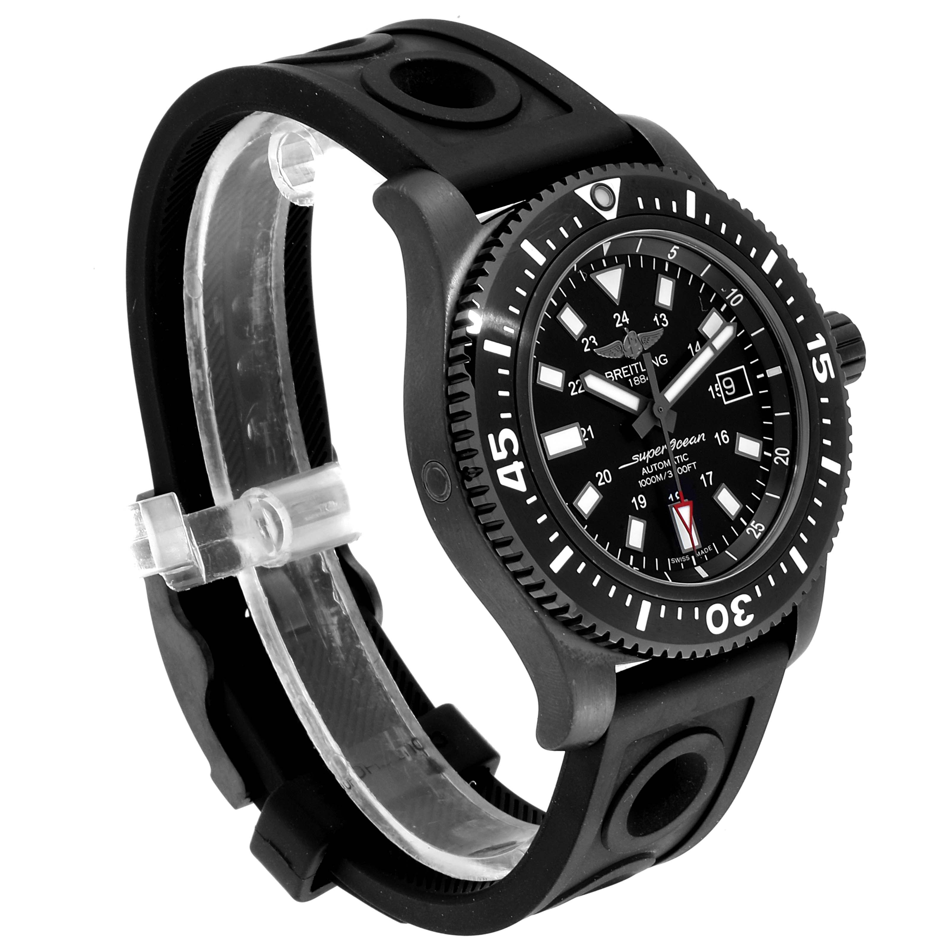 The Breitling Superocean M17393 Men's Stainless Steel Black Dial M17393 Men's Stainless Steel Black Dial watch is shown at a three-quarter angle, highlighting its black dial, bezel, and rubber strap.