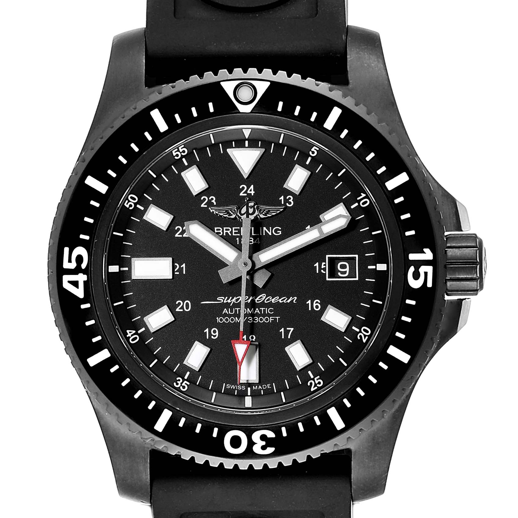 This image shows a front view of the Breitling Superocean M17393 Men's Stainless Steel Black Dial M17393 Men's Stainless Steel Black Dial watch face, including the bezel, hands, and date window.