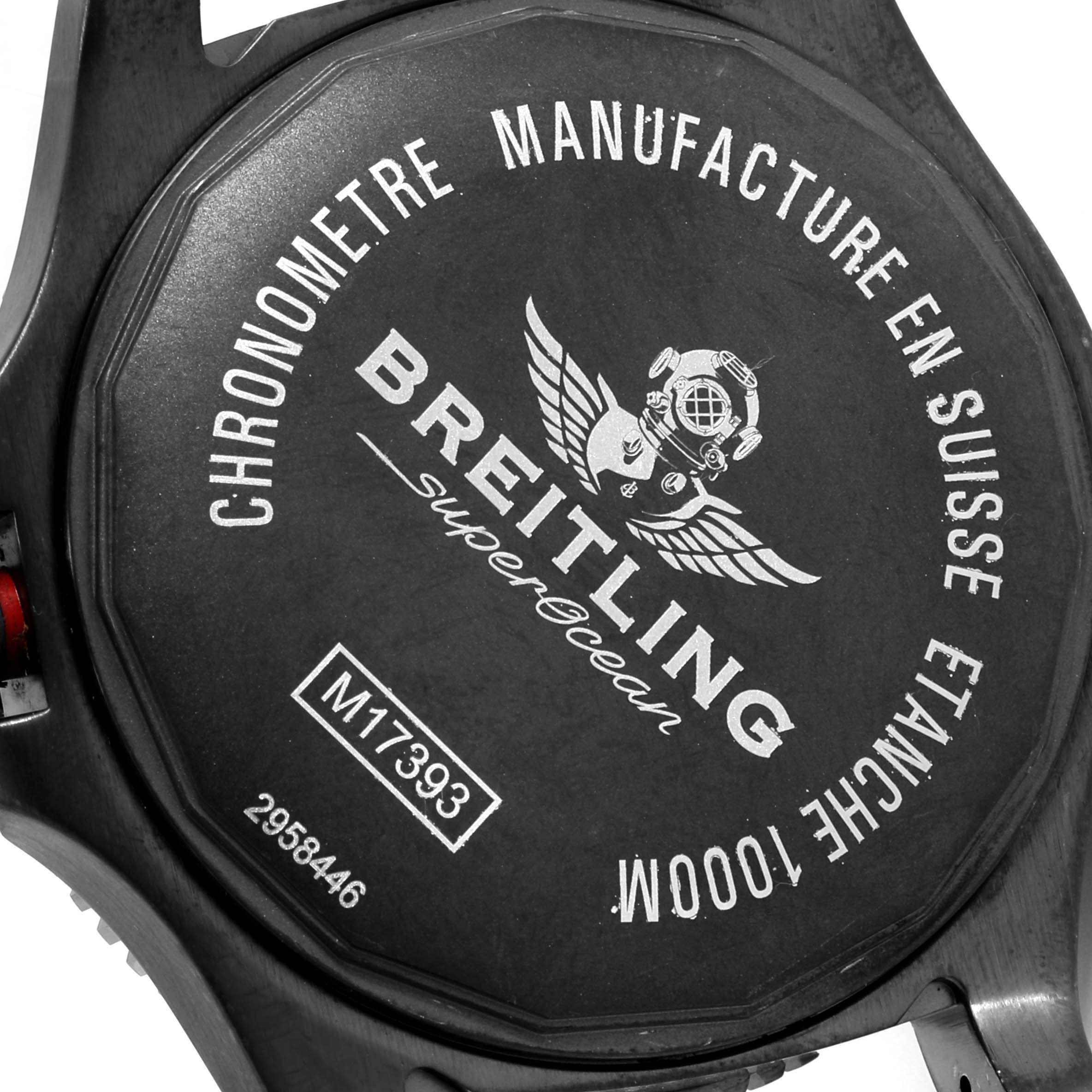 The image shows the back case of a Breitling Superocean M17393 Men's Stainless Steel Black Dial M17393 Men's Stainless Steel Black Dial watch, highlighting the model number and engraving details.