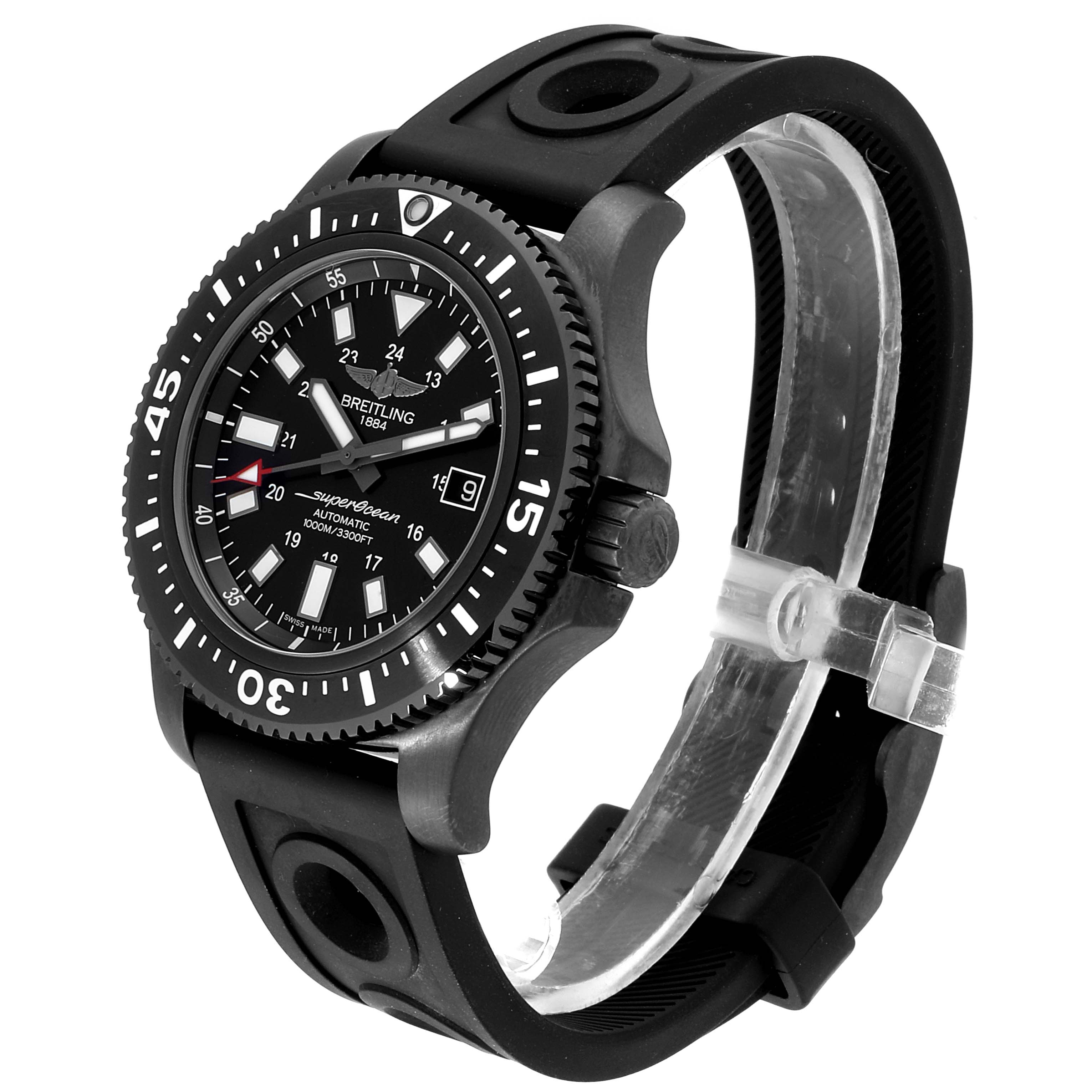 The Breitling Superocean M17393 Men's Stainless Steel Black Dial M17393 Men's Stainless Steel Black Dial watch is shown at a slight angle, displaying the face, bezel, and rubber strap.