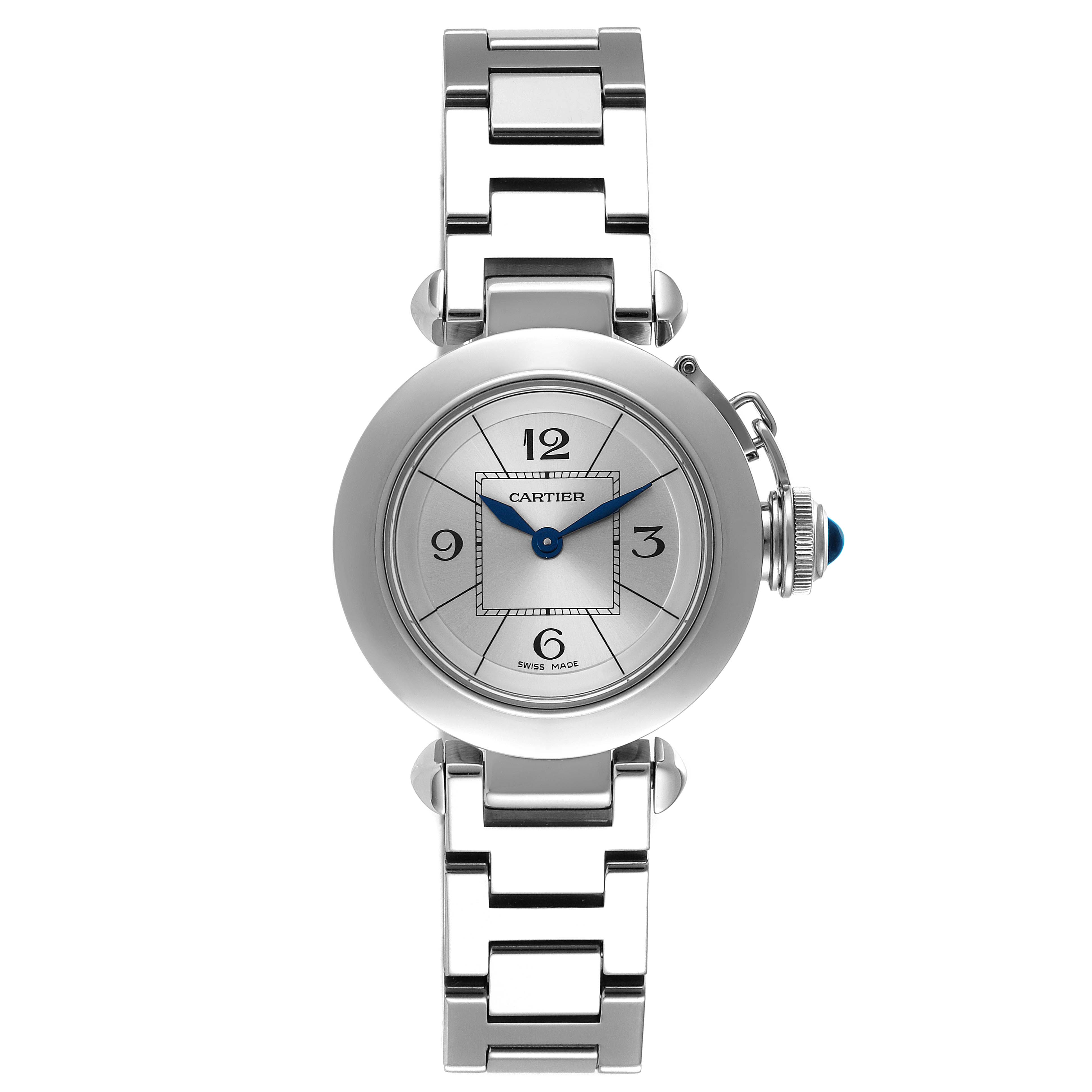 This image shows a front view of a Cartier Pasha W3140007 Women
s Stainless Steel Silver Dial W3140007 Women
s Stainless Steel Silver Dial watch, displaying its face, hands, bezel, and metal bracelet.