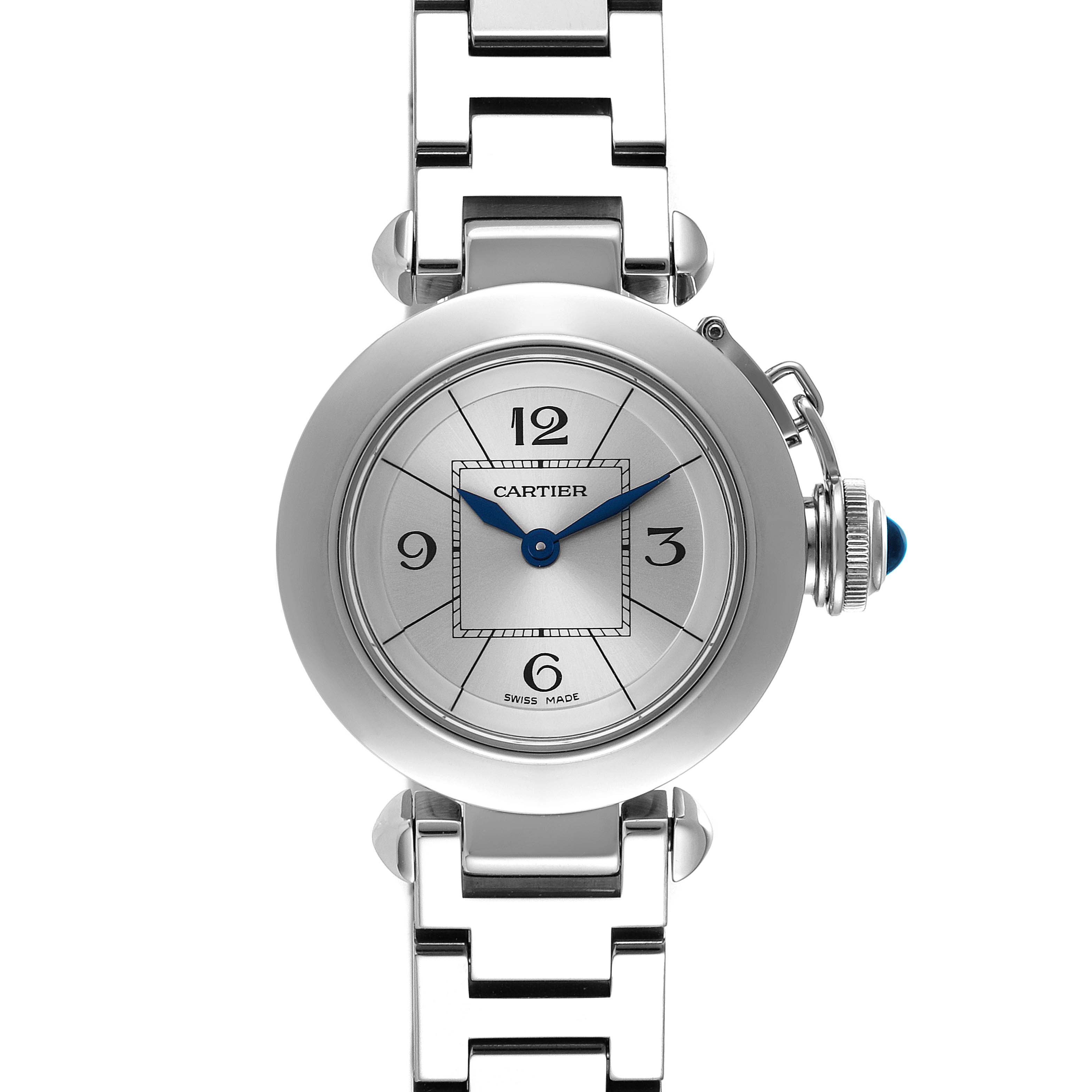 The image shows a frontal view of the Cartier Pasha W3140007 Women
s Stainless Steel Silver Dial W3140007 Women
s Stainless Steel Silver Dial watch, displaying its dial, crown, and bracelet.