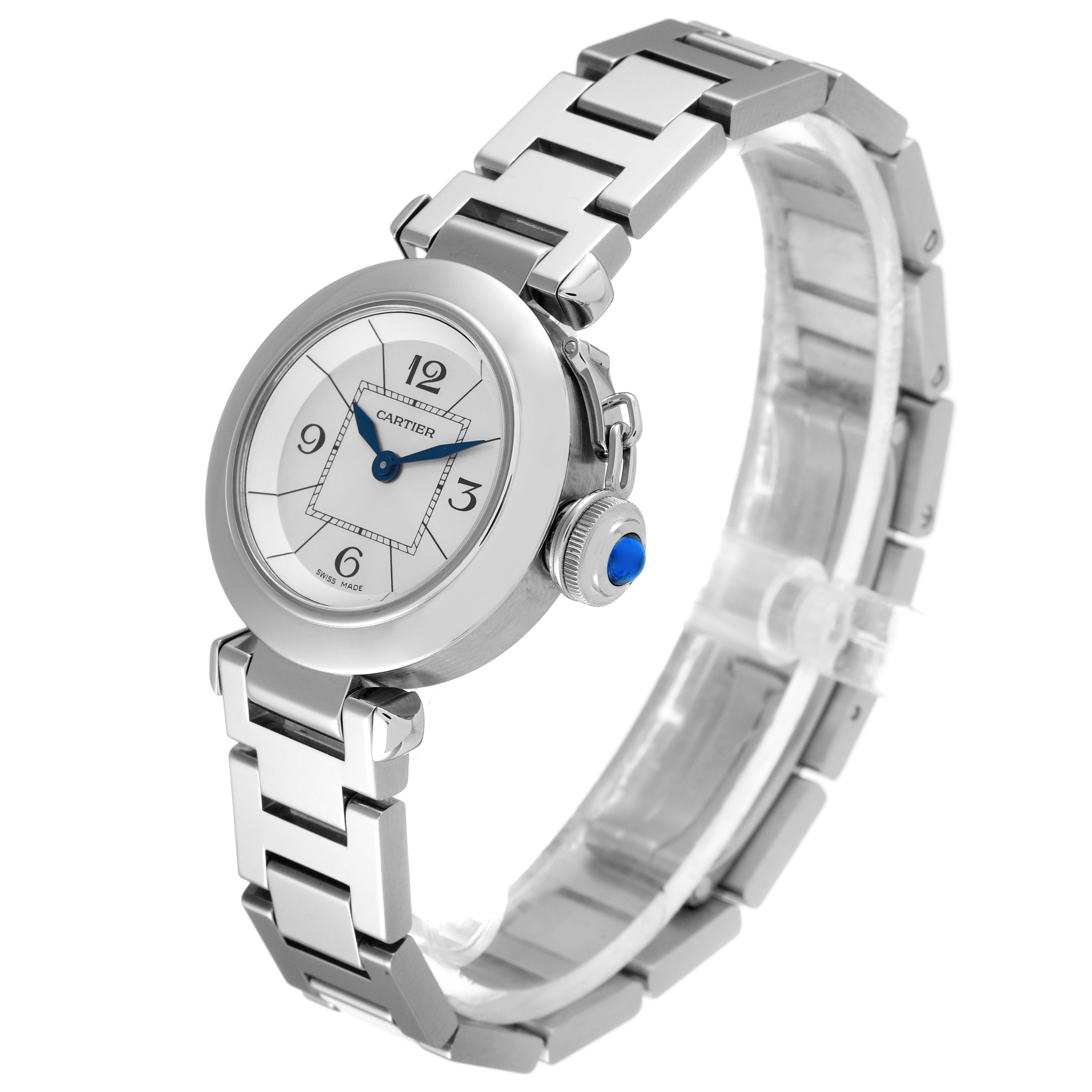 The image shows a side angle of a Cartier Pasha W3140007 Women
s Stainless Steel Silver Dial W3140007 Women
s Stainless Steel Silver Dial watch, highlighting its face, bracelet, and crown with blue cabochon.