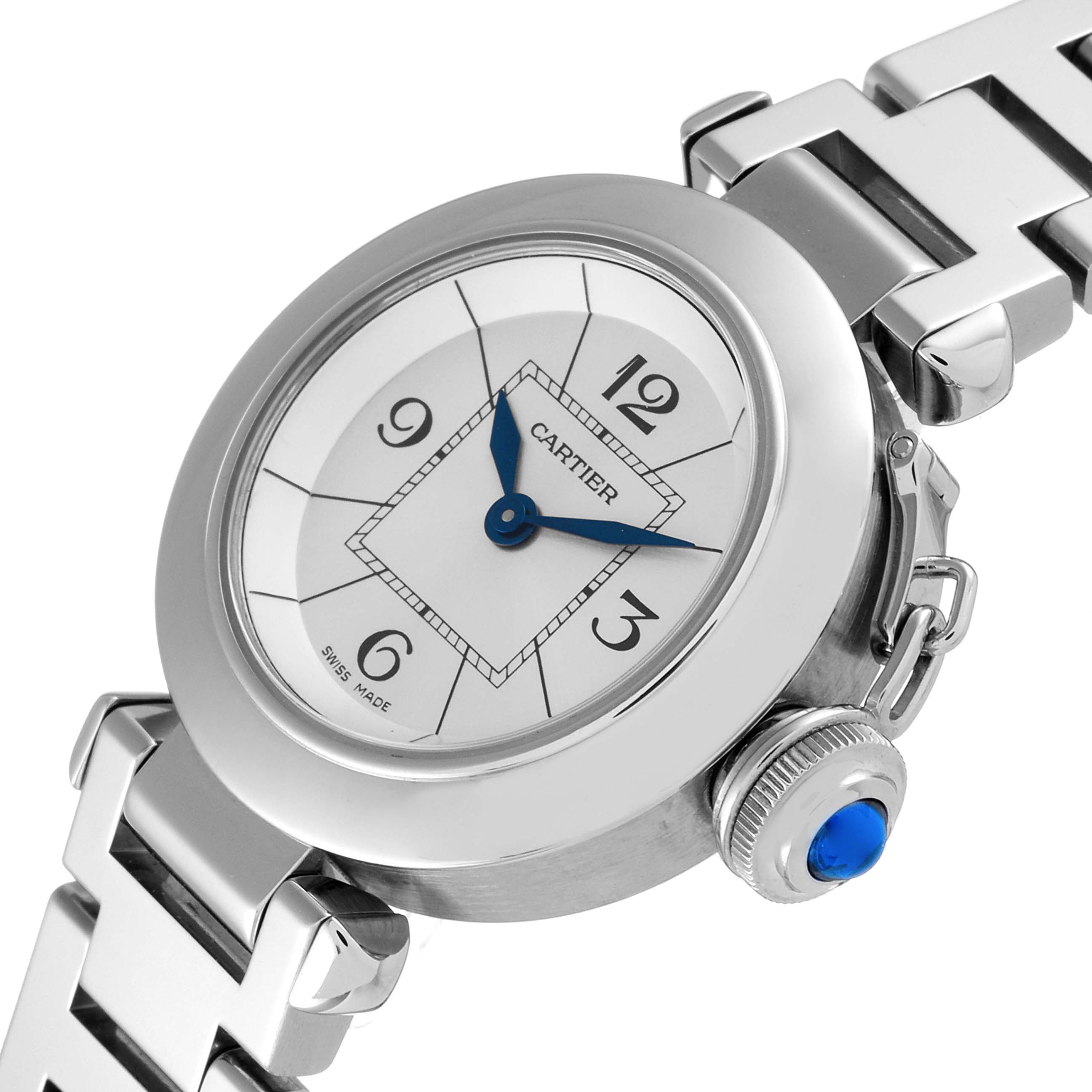 The image shows a close-up of the Cartier Pasha W3140007 Women
s Stainless Steel Silver Dial W3140007 Women
s Stainless Steel Silver Dial watch, highlighting the dial, crown, and bracelet.