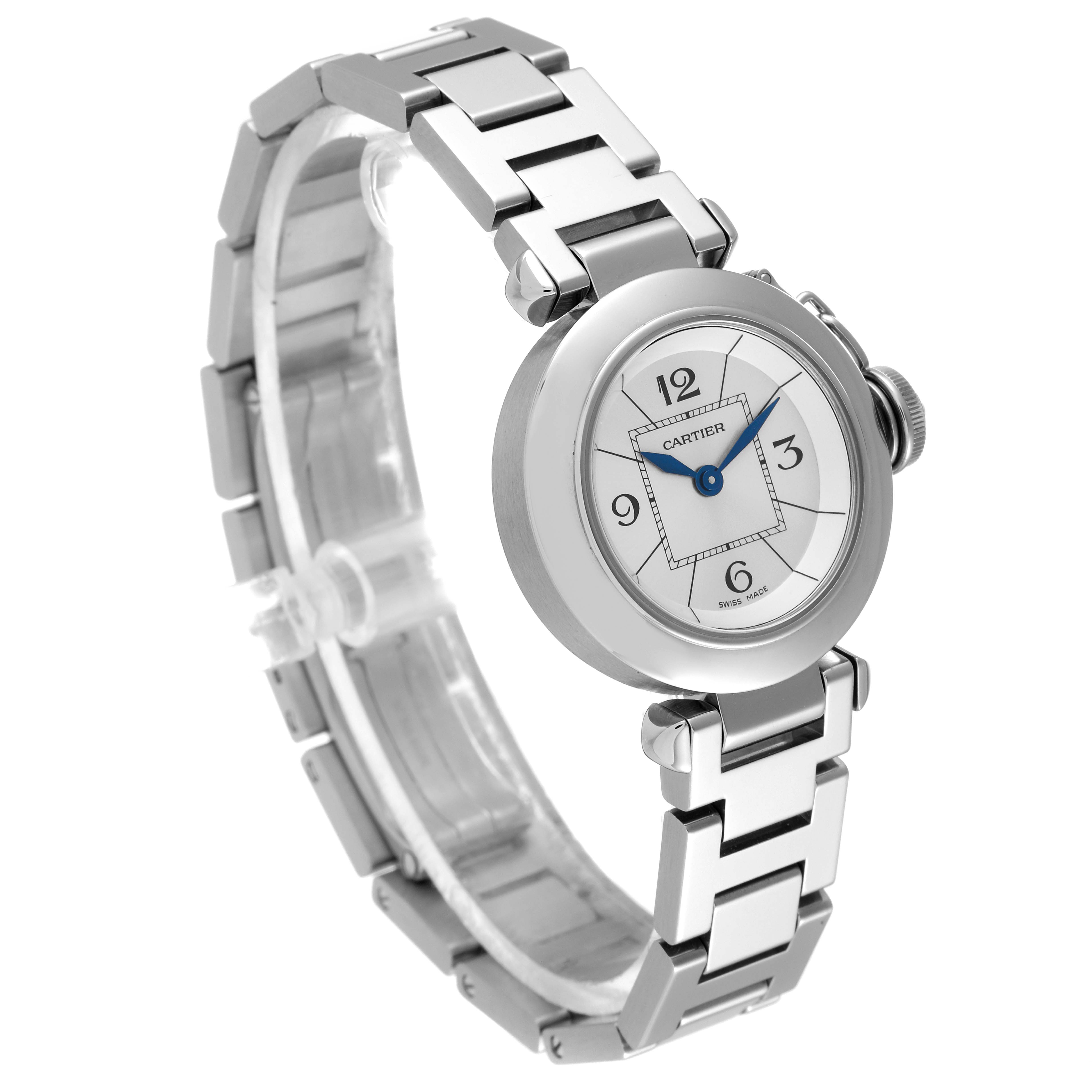 The image shows a side angle view of the Cartier Pasha W3140007 Women
s Stainless Steel Silver Dial W3140007 Women
s Stainless Steel Silver Dial watch, highlighting its dial, bracelet, and crown.