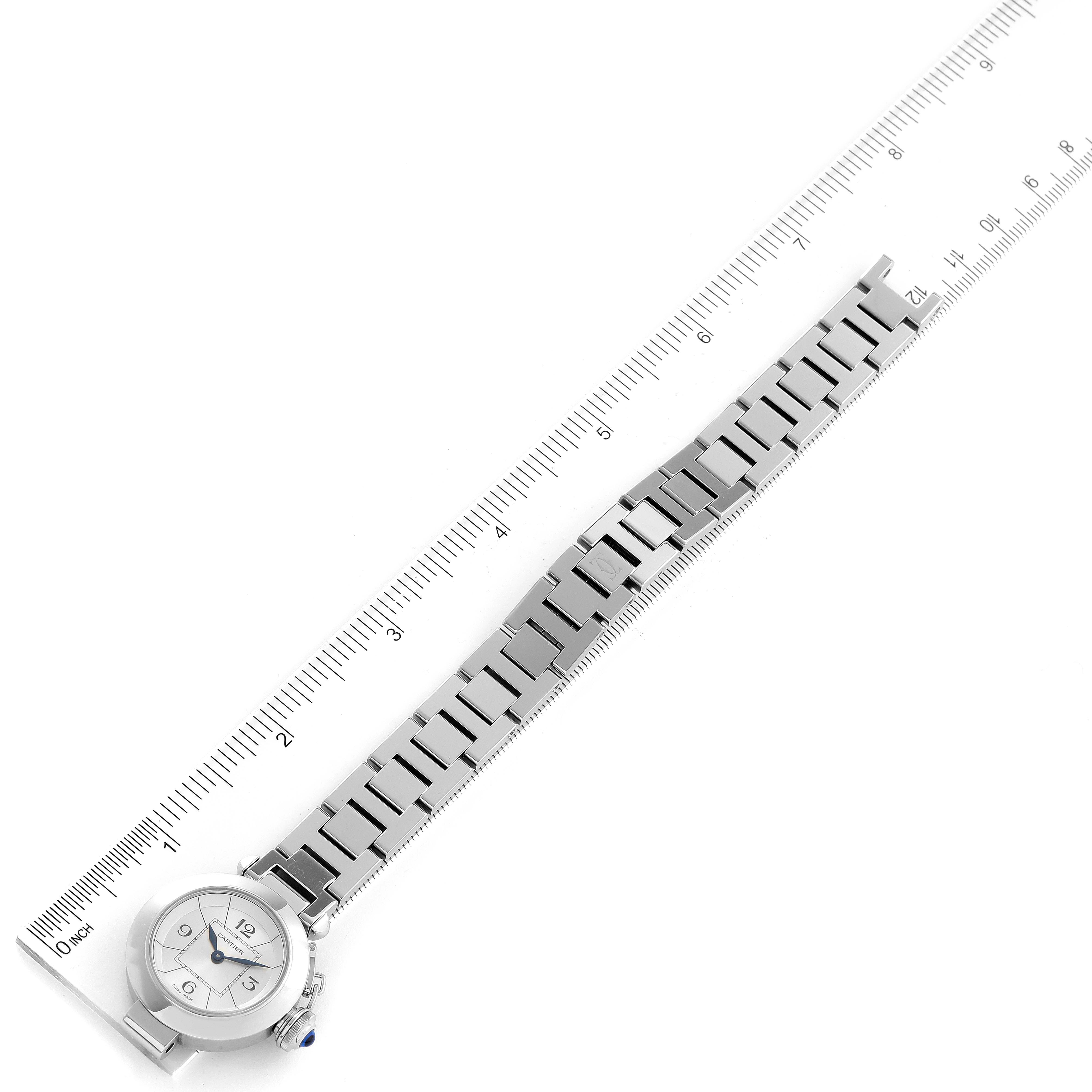 The Cartier Pasha W3140007 Women
s Stainless Steel Silver Dial W3140007 Women
s Stainless Steel Silver Dial watch is displayed at a top-down angle, showing the face, bezel, and full bracelet.