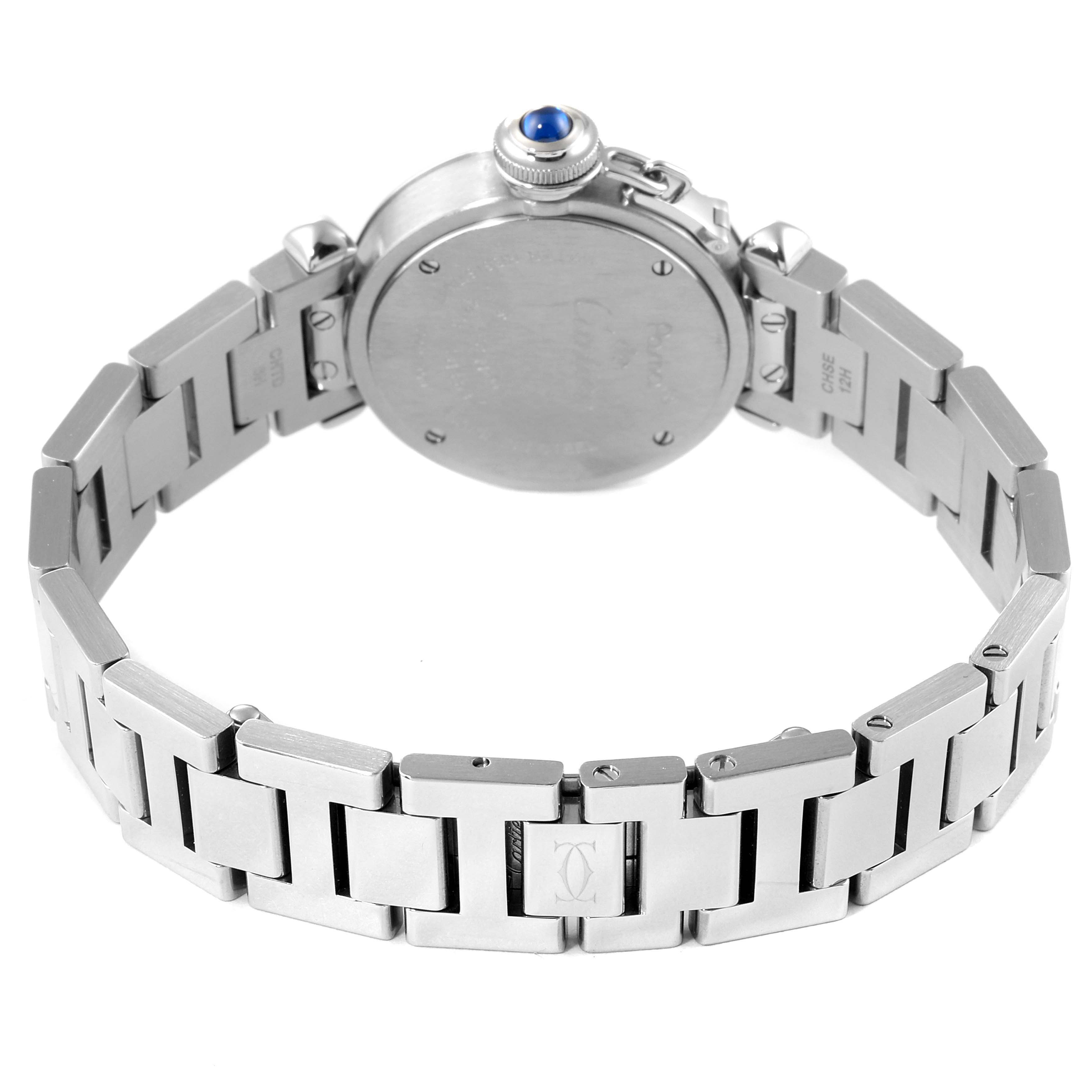 This image shows the case back and bracelet of a Cartier Pasha W3140007 Women
s Stainless Steel Silver Dial W3140007 Women
s Stainless Steel Silver Dial watch, angled from the rear side.