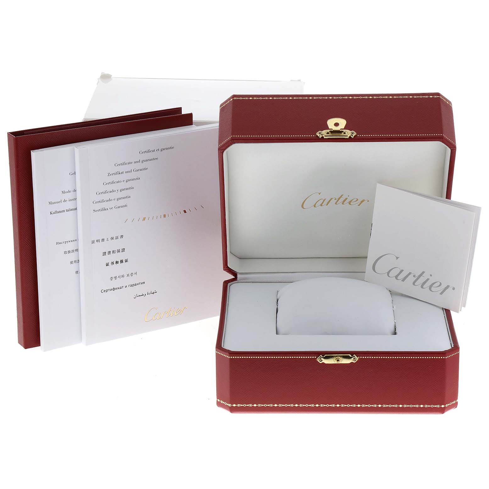 This image shows the open box and documentation for the Cartier Pasha W3140007 Women
s Stainless Steel Silver Dial W3140007 Women
s Stainless Steel Silver Dial watch.