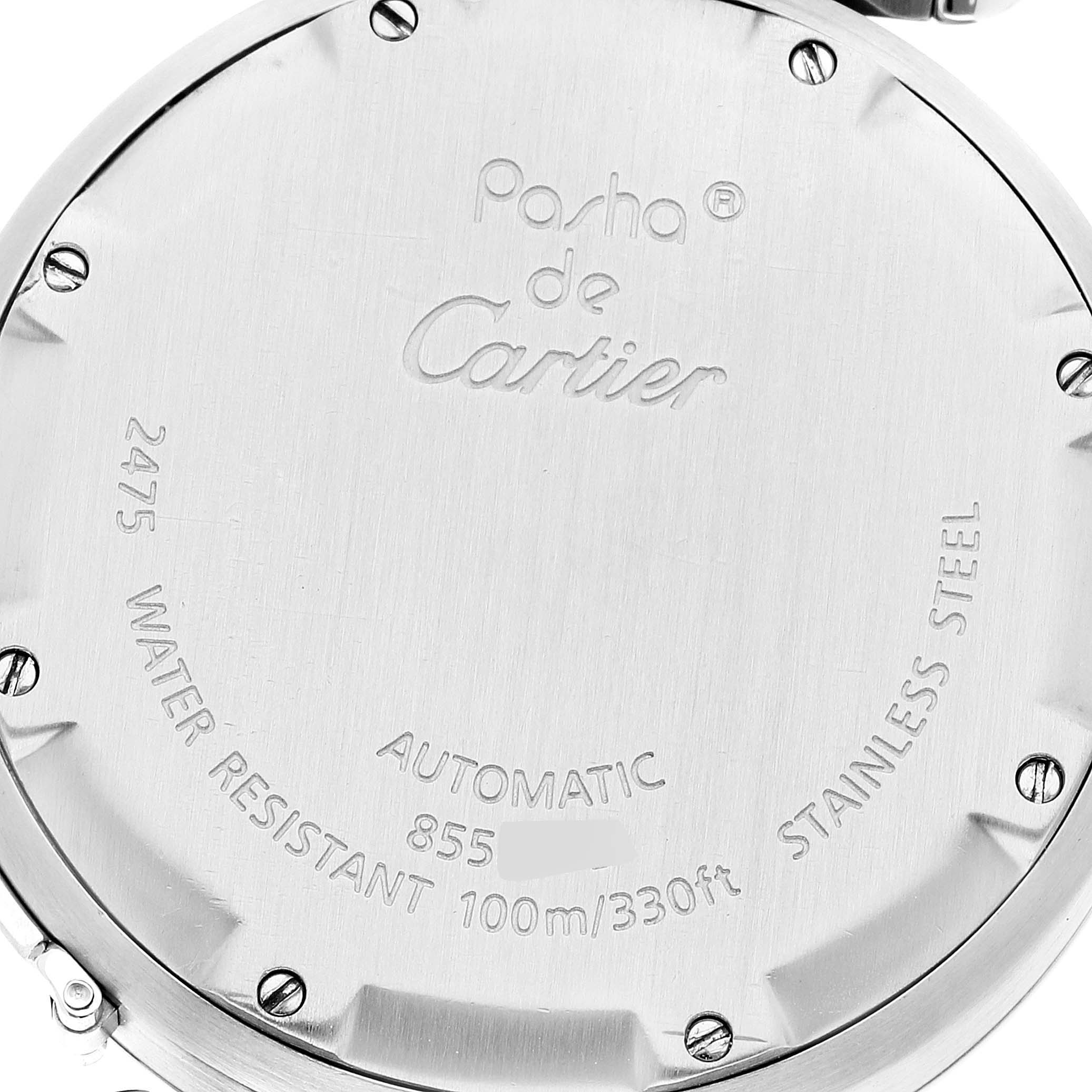 This image shows the back of the Cartier Pasha W31044M7 Men's Stainless Steel White Dial W31044M7 Men's Stainless Steel White Dial watch, highlighting its engravings and screws.