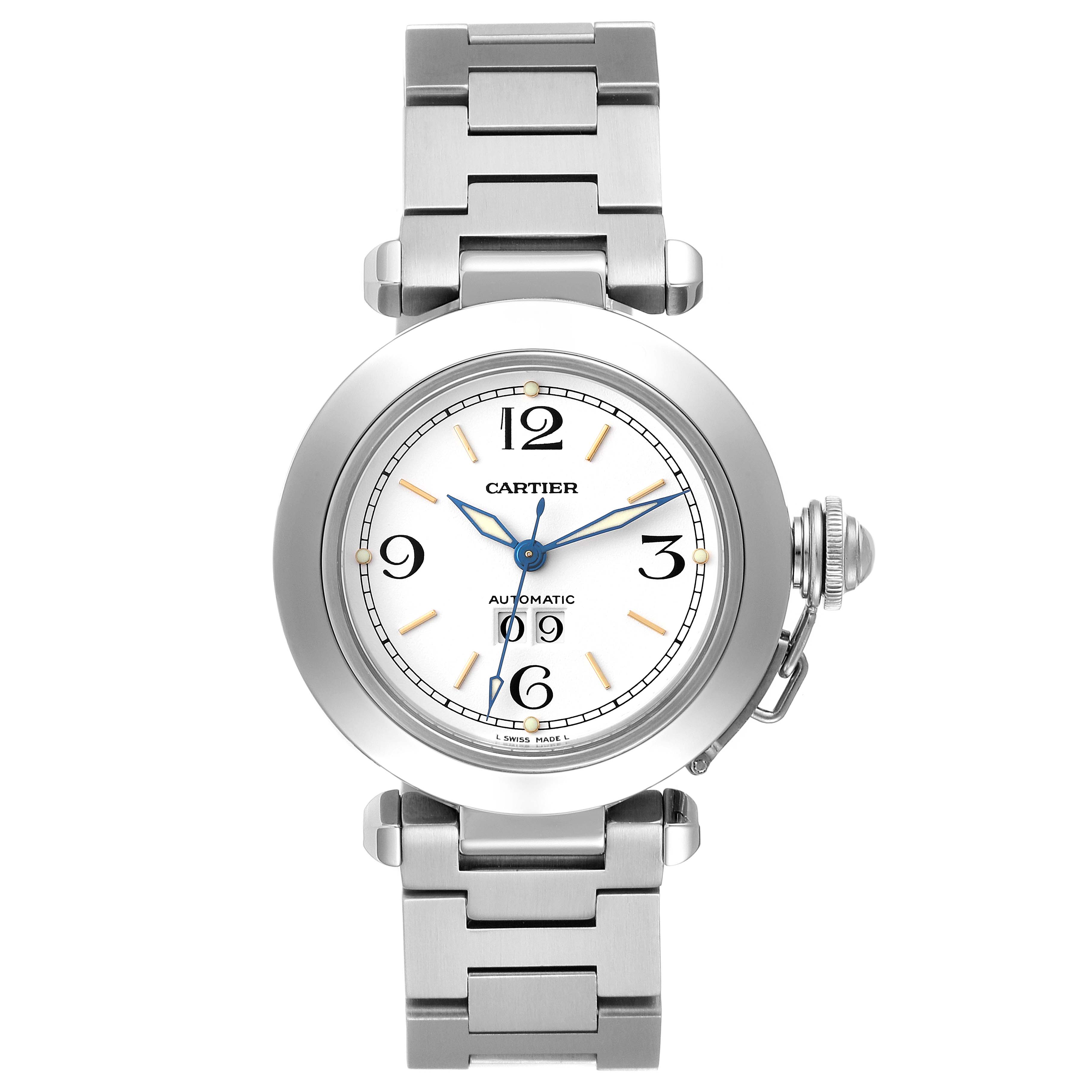This image shows a Cartier Pasha W31044M7 Men's Stainless Steel White Dial W31044M7 Men's Stainless Steel White Dial model watch from a front angle, highlighting its face, bracelet, and crown.