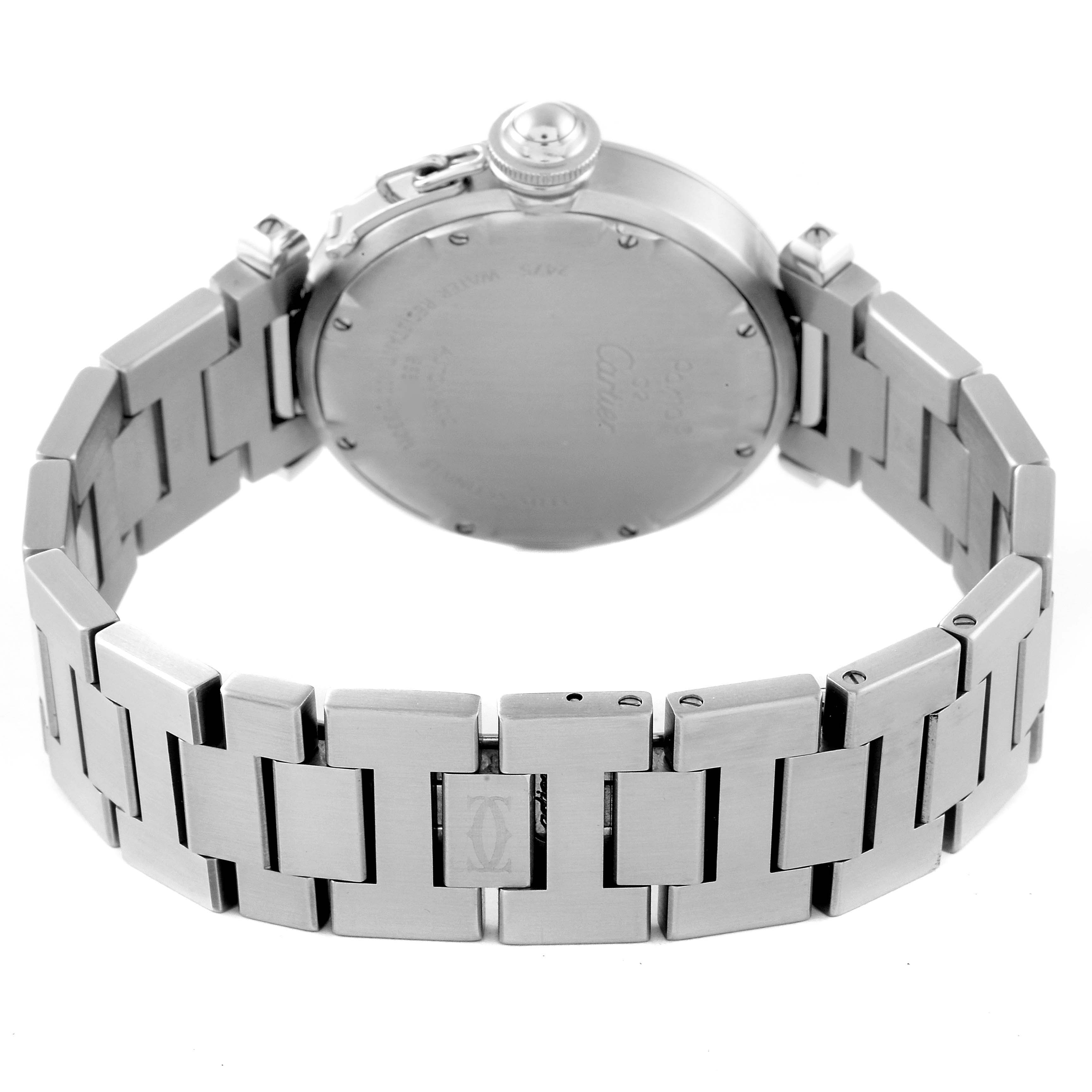 This image shows the back case and metal bracelet of a Cartier Pasha W31044M7 Men's Stainless Steel White Dial W31044M7 Men's Stainless Steel White Dial watch.