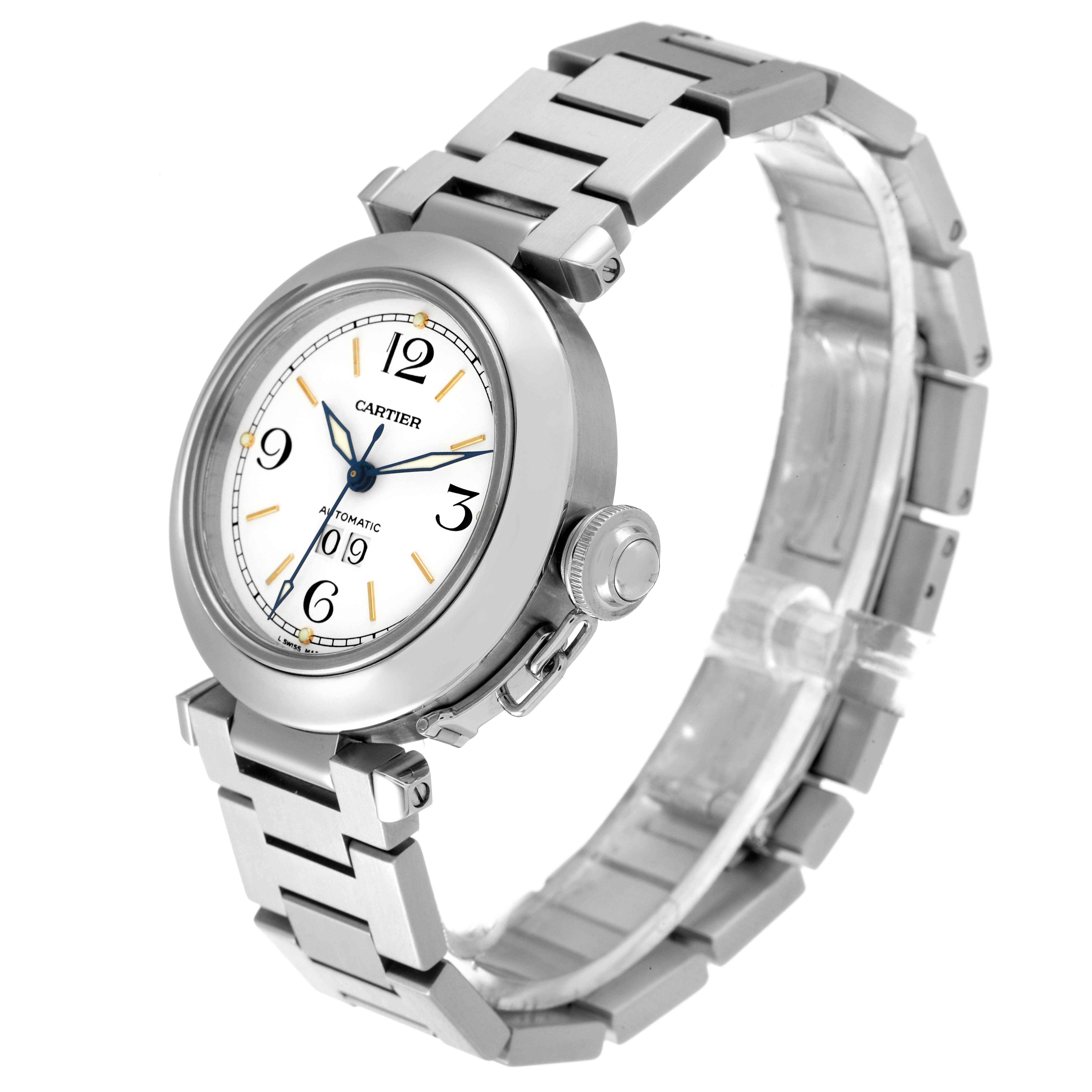 The image shows a three-quarter angle of the Cartier Pasha W31044M7 Men's Stainless Steel White Dial W31044M7 Men's Stainless Steel White Dial watch, highlighting its face, bracelet, and crown.