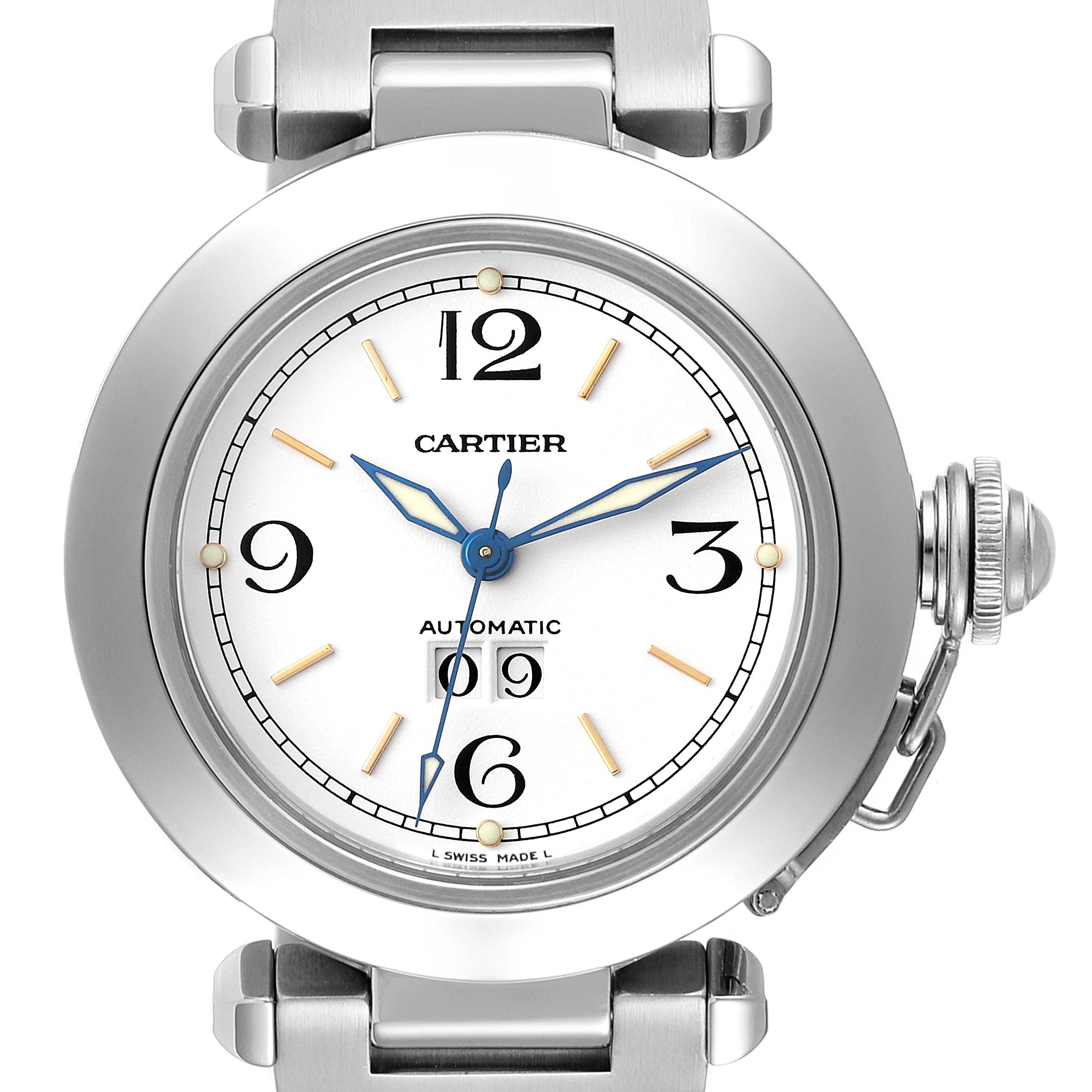 The image shows a front view of a Cartier Pasha W31044M7 Men's Stainless Steel White Dial W31044M7 Men's Stainless Steel White Dial model watch, highlighting the face, numerals, and crown.