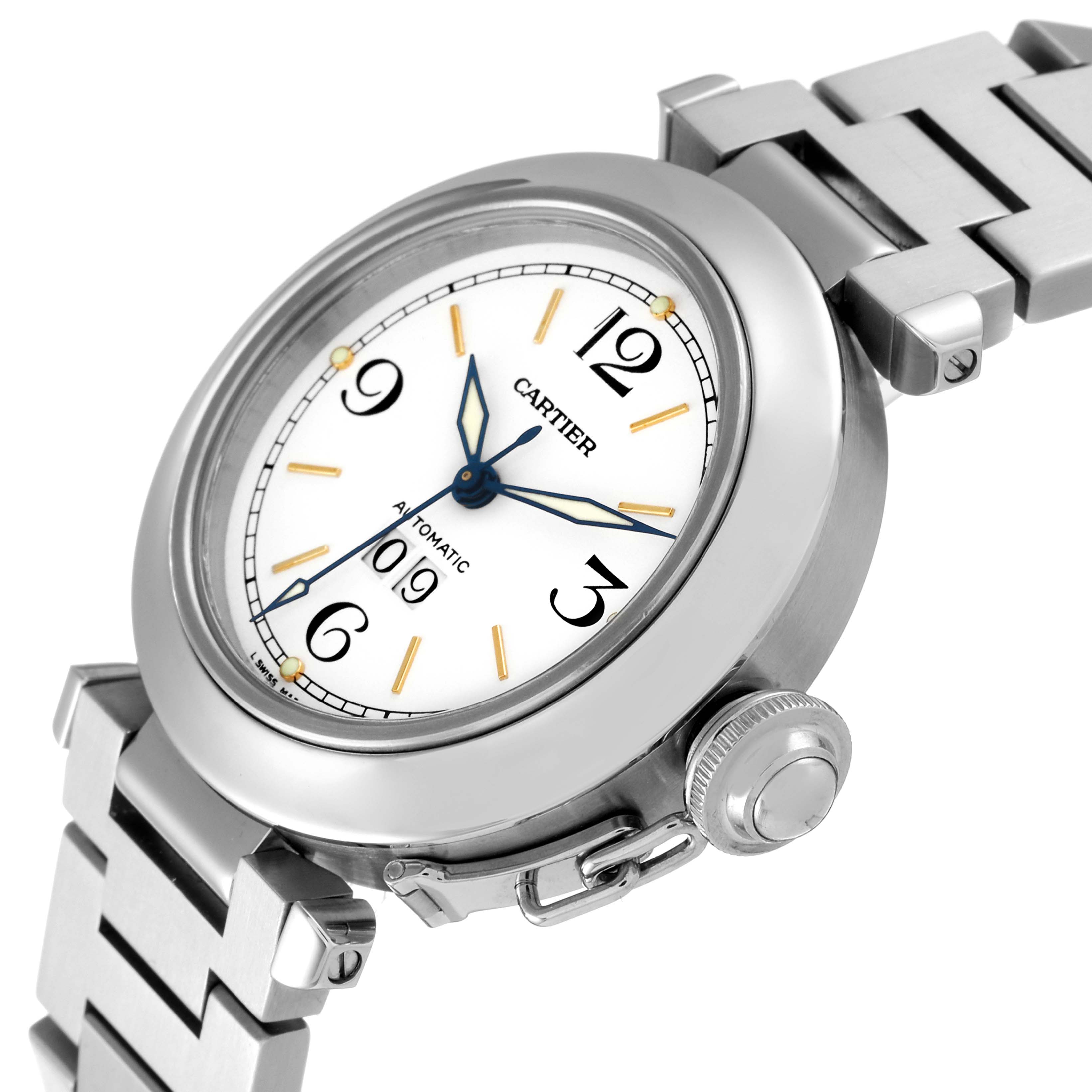 The Cartier Pasha W31044M7 Men's Stainless Steel White Dial W31044M7 Men's Stainless Steel White Dial watch is shown from a slight side angle, highlighting the dial, bezel, crown, and part of the bracelet.