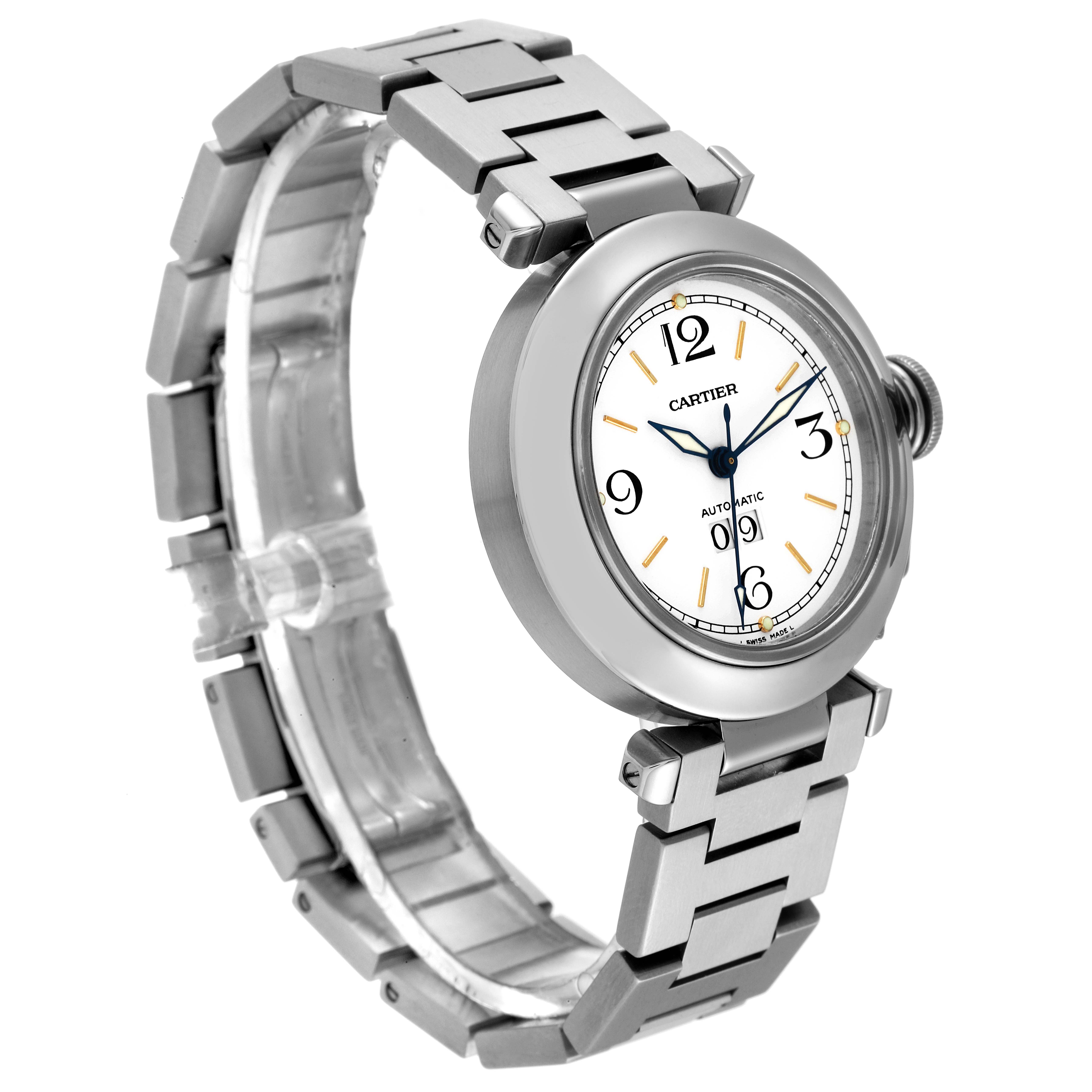 The image shows a front angled view of the Cartier Pasha W31044M7 Men's Stainless Steel White Dial W31044M7 Men's Stainless Steel White Dial watch, highlighting its face and bracelet.