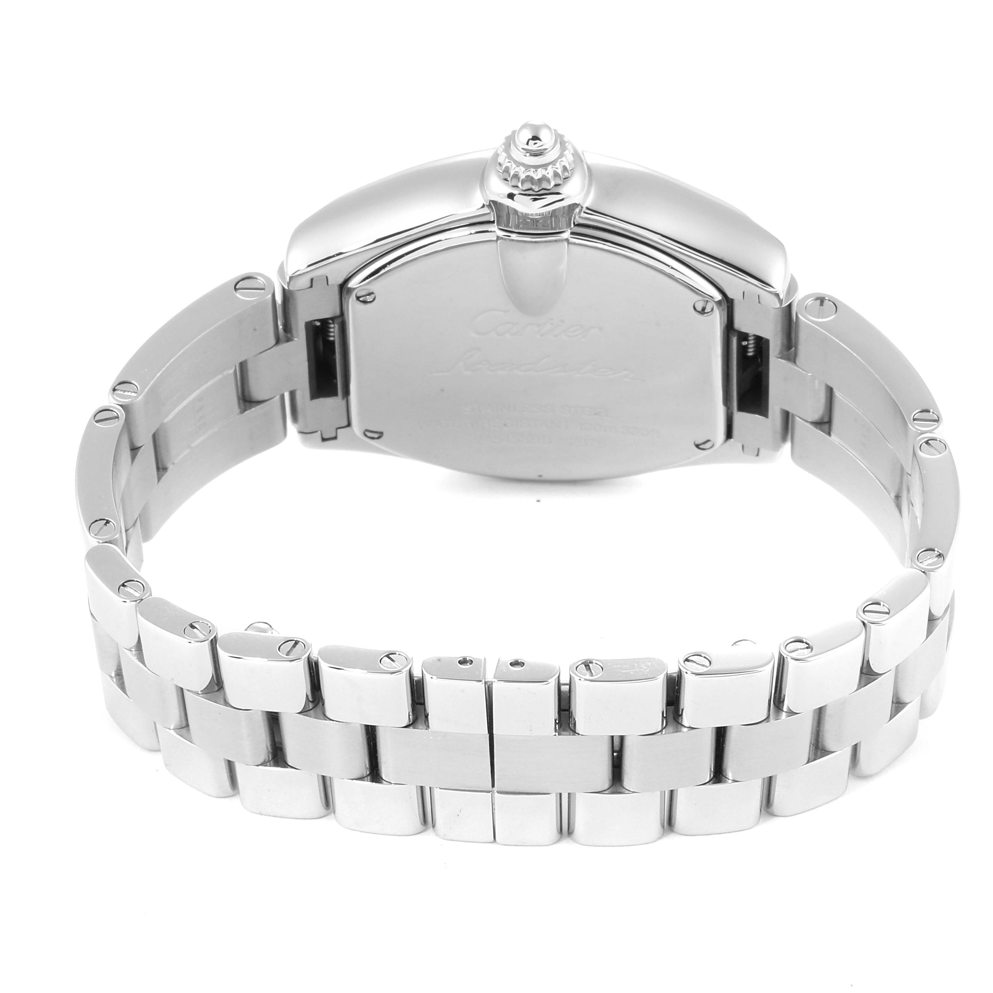 The image shows the back view of a Cartier Roadster W62017V3 Women
s Stainless Steel Pink Dial W62017V3 Women
s Stainless Steel Pink Dial watch, highlighting the bracelet and case back.