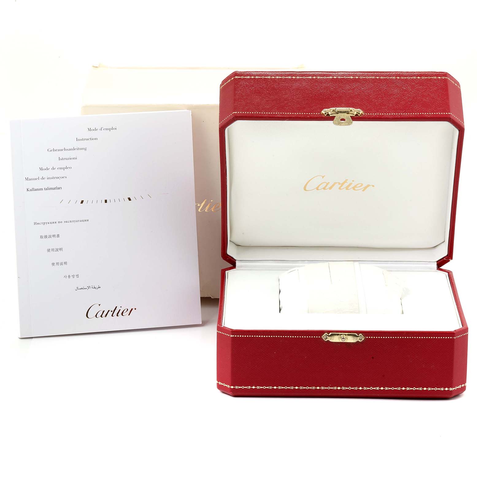 The image shows the Cartier Roadster W62017V3 Women
s Stainless Steel Pink Dial W62017V3 Women
s Stainless Steel Pink Dial watch box, an instruction manual, and a packaging box, taken from a front angle.
