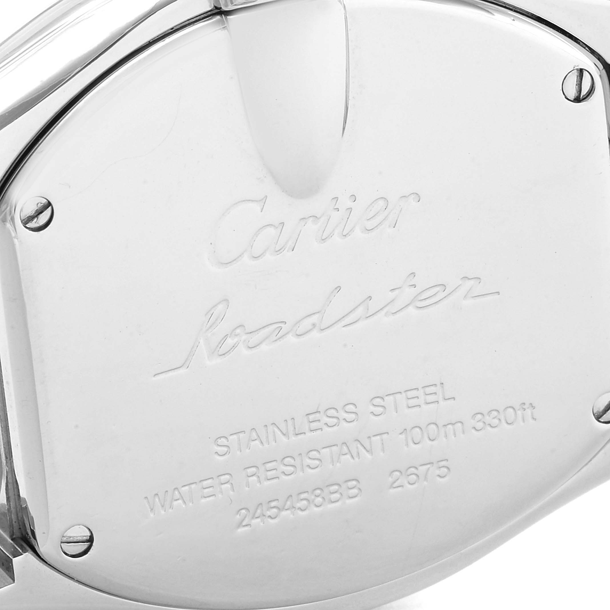 This image shows the back case of a Cartier Roadster W62017V3 Women
s Stainless Steel Pink Dial W62017V3 Women
s Stainless Steel Pink Dial watch, highlighting the brand name and model details.