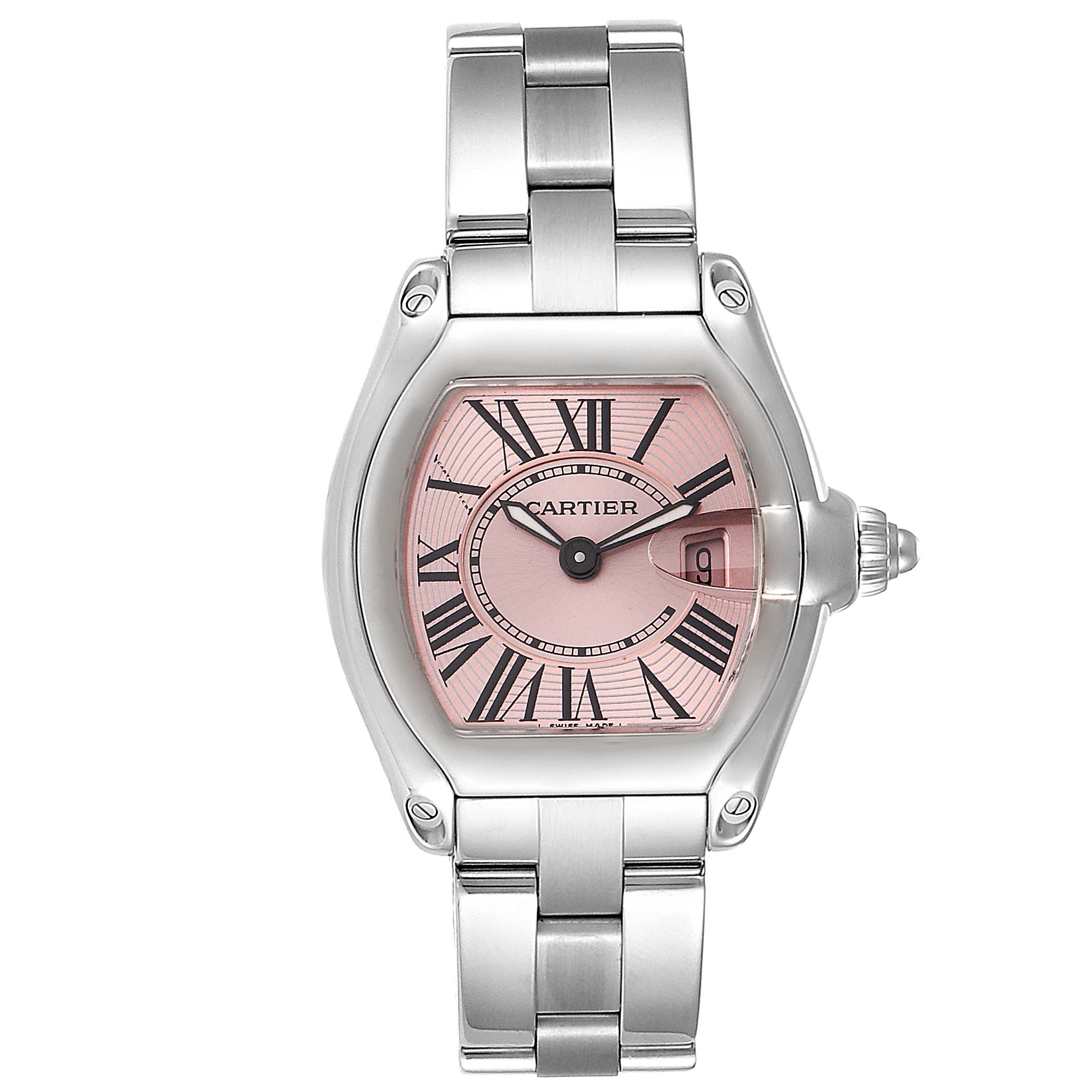 This Cartier Roadster W62017V3 Women
s Stainless Steel Pink Dial W62017V3 Women
s Stainless Steel Pink Dial watch is shown from a front angle, highlighting the dial, case, and bracelet.