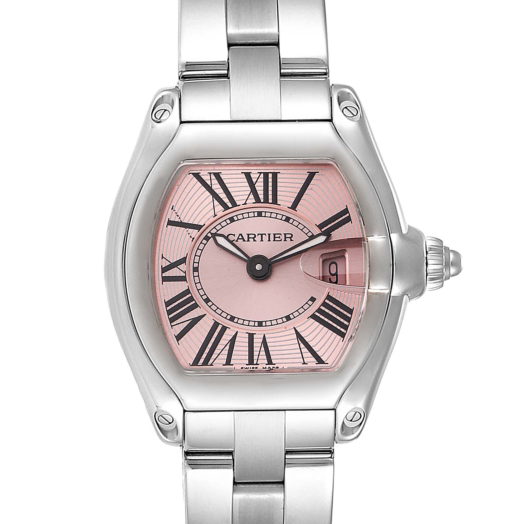 The Cartier Roadster W62017V3 Women
s Stainless Steel Pink Dial W62017V3 Women
s Stainless Steel Pink Dial watch is shown from a front angle, highlighting its pink dial, Roman numeral markers, and metallic bracelet.