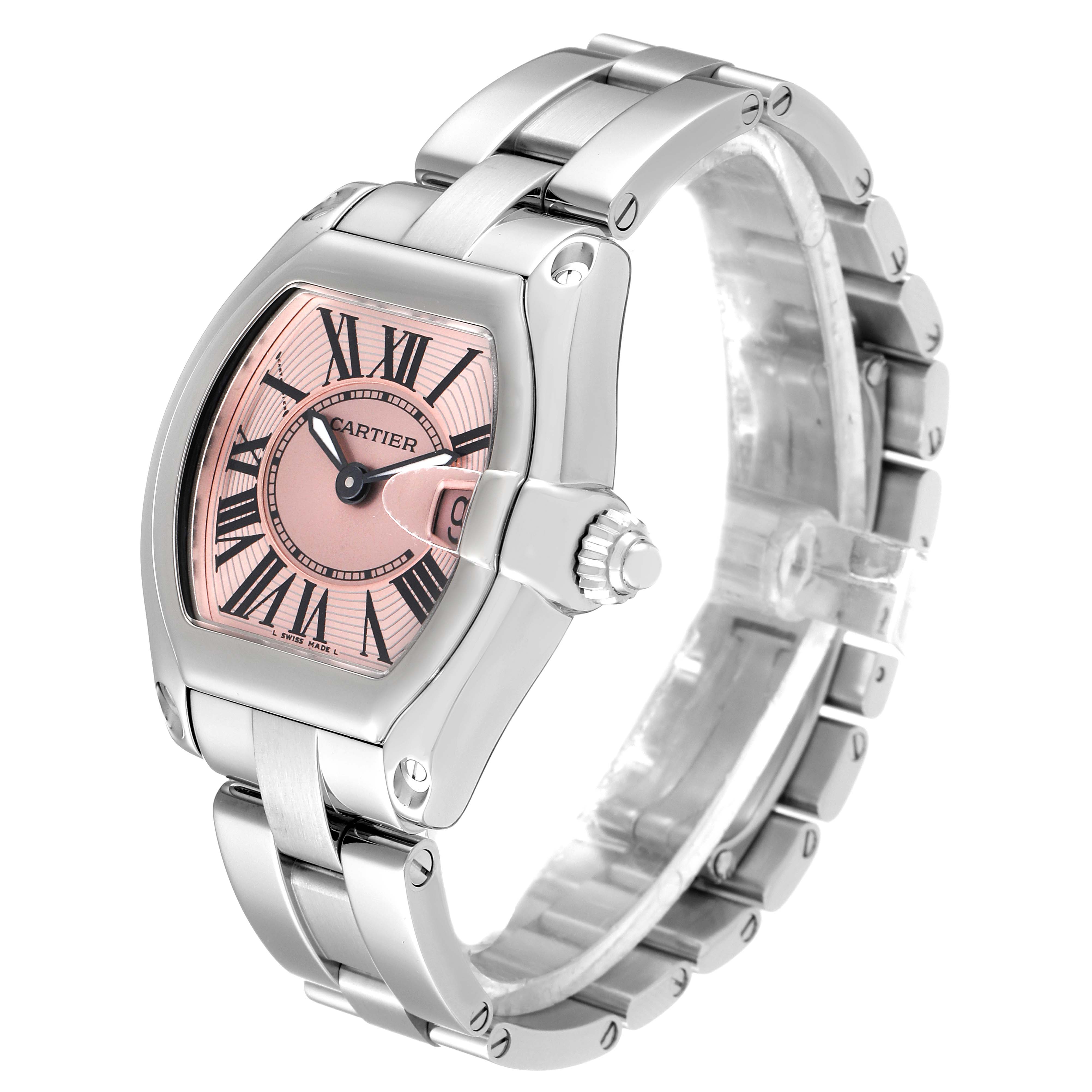 This image shows a Cartier Roadster W62017V3 Women's Stainless Steel Pink Dial W62017V3 Women's Stainless Steel Pink Dial watch at a slight side angle, highlighting its face, bezel, and bracelet.