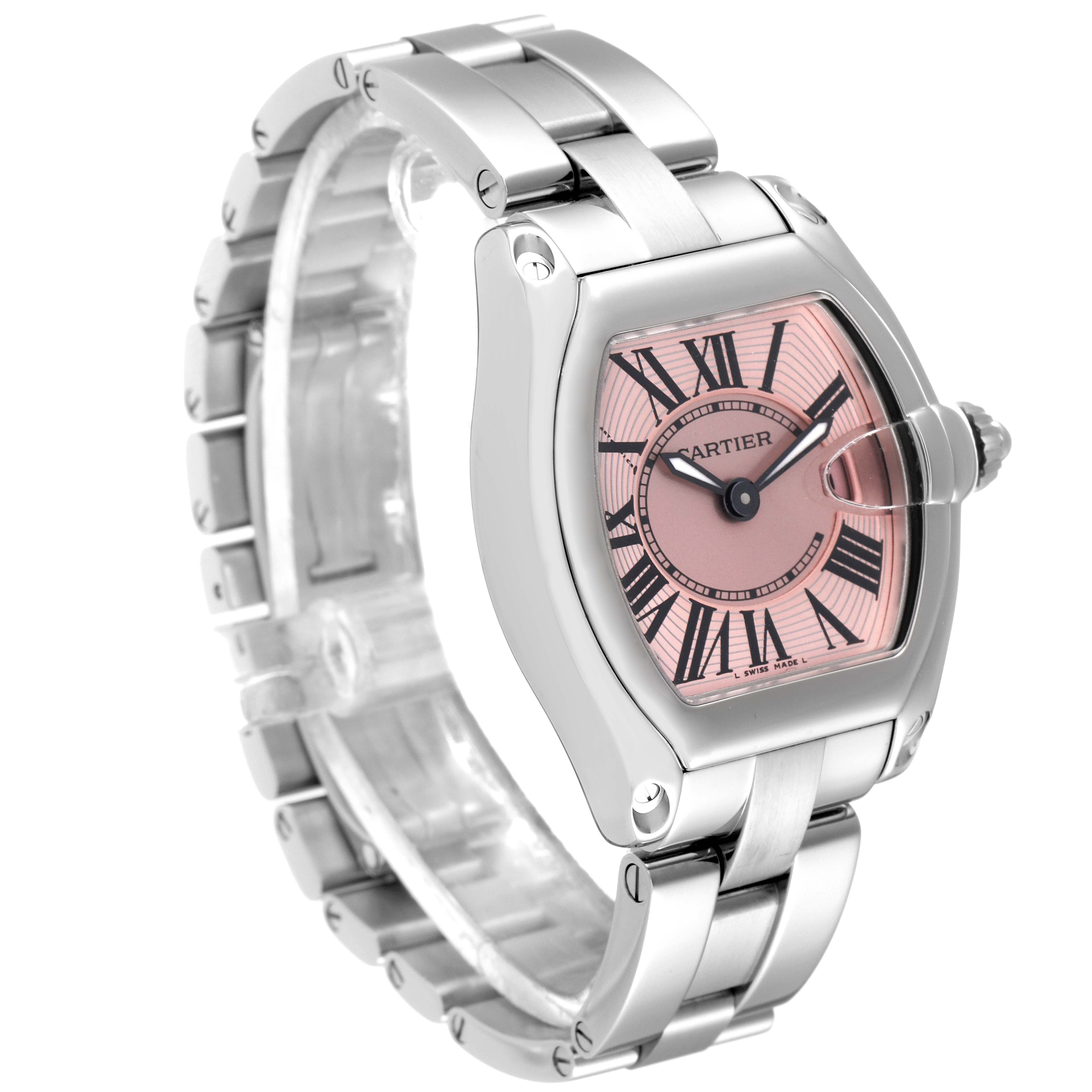 The Cartier Roadster W62017V3 Women's Stainless Steel Pink Dial W62017V3 Women's Stainless Steel Pink Dial watch is shown at a three-quarter angle displaying the watch face and part of the metal bracelet.