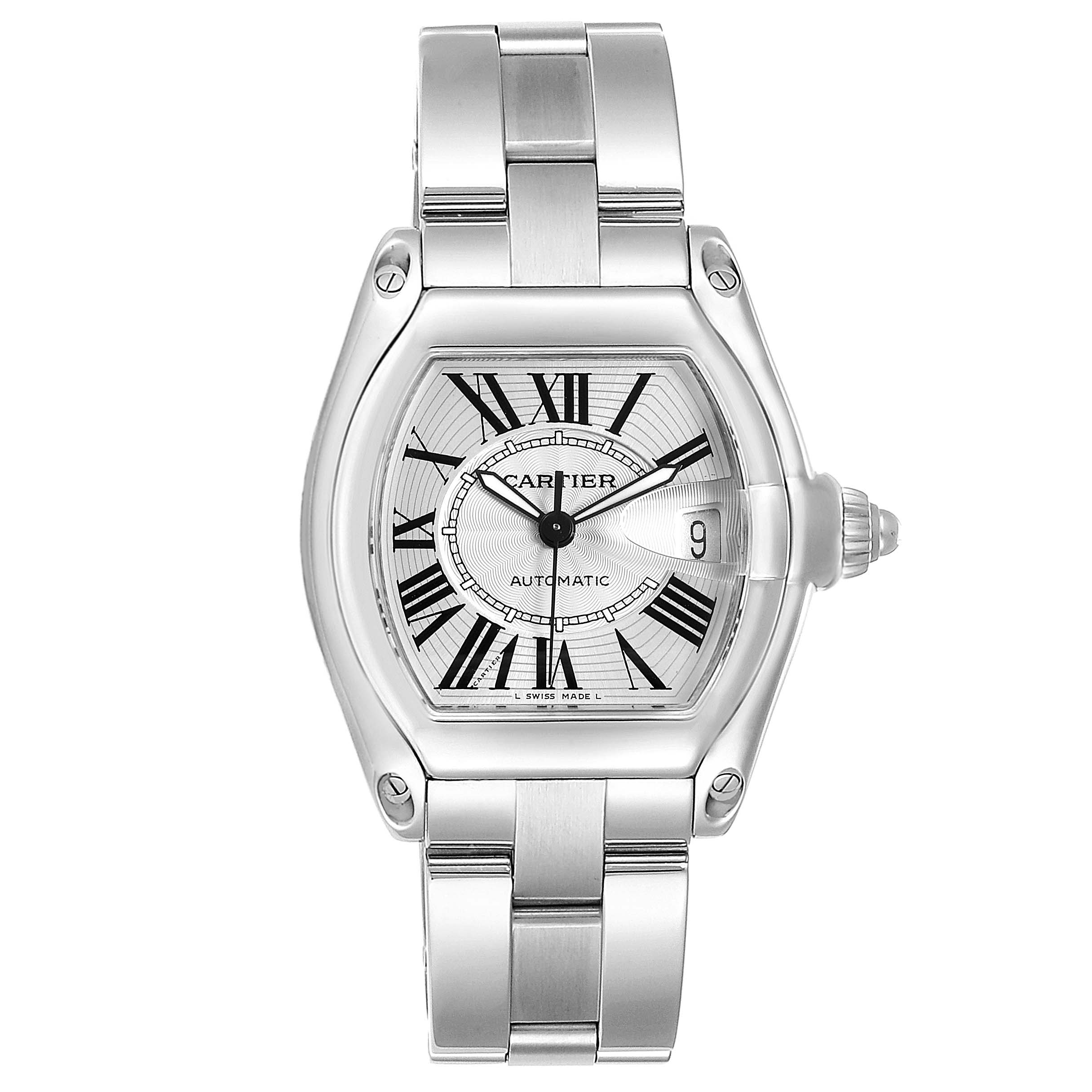This is a front view of a Cartier Roadster W62025V3 Men's Stainless Steel Silver Dial W62025V3 Men's Stainless Steel Silver Dial watch showing the full face, case, and bracelet.