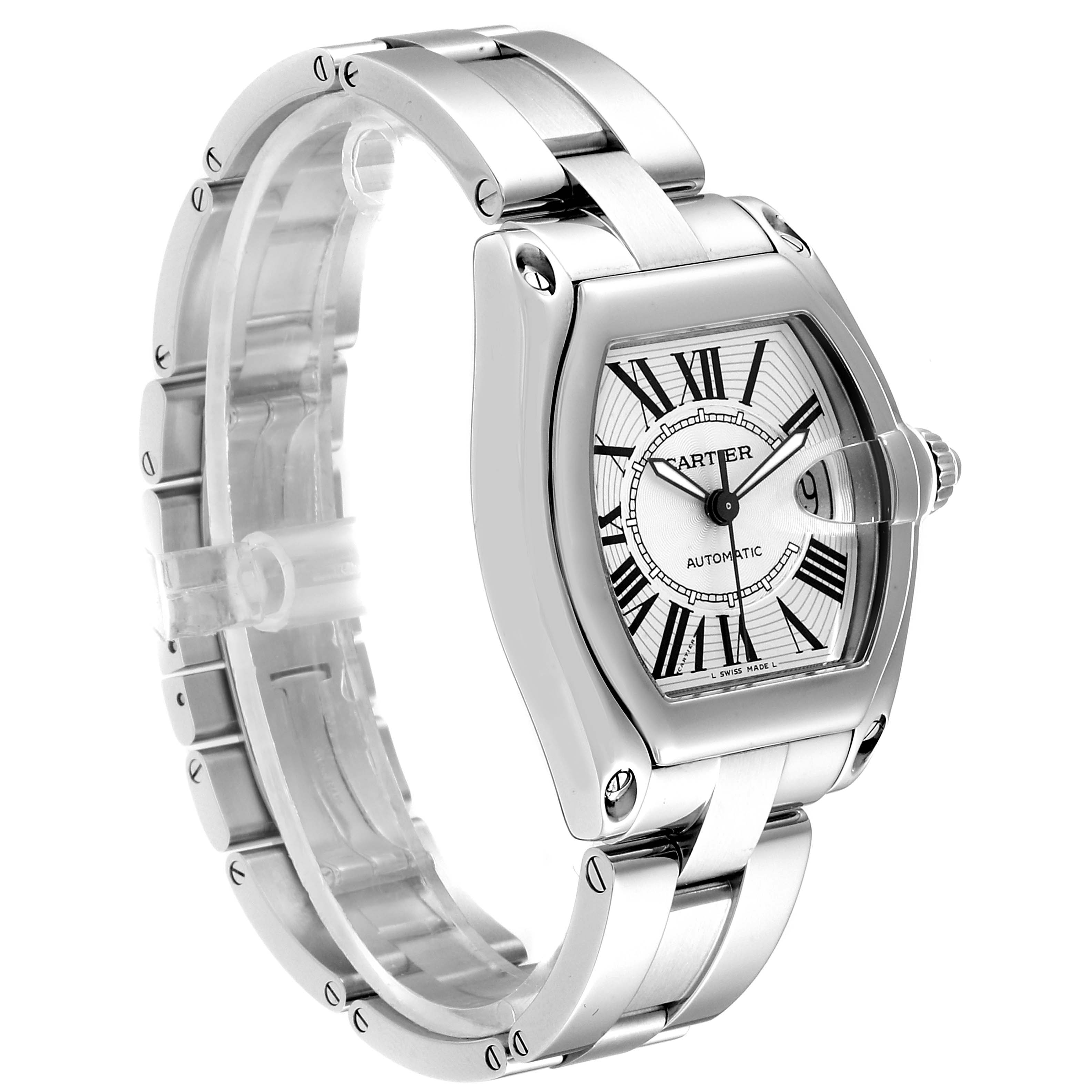 The image shows a Cartier Roadster W62025V3 Men's Stainless Steel Silver Dial W62025V3 Men's Stainless Steel Silver Dial watch at a slight angle, highlighting its face and stainless steel bracelet.
