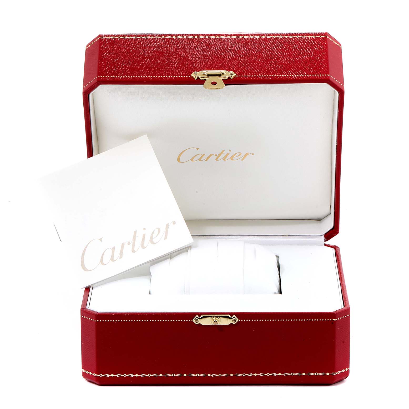 This image shows the open box and manual of a Cartier Roadster W62025V3 Men's Stainless Steel Silver Dial W62025V3 Men's Stainless Steel Silver Dial watch from a front angle.